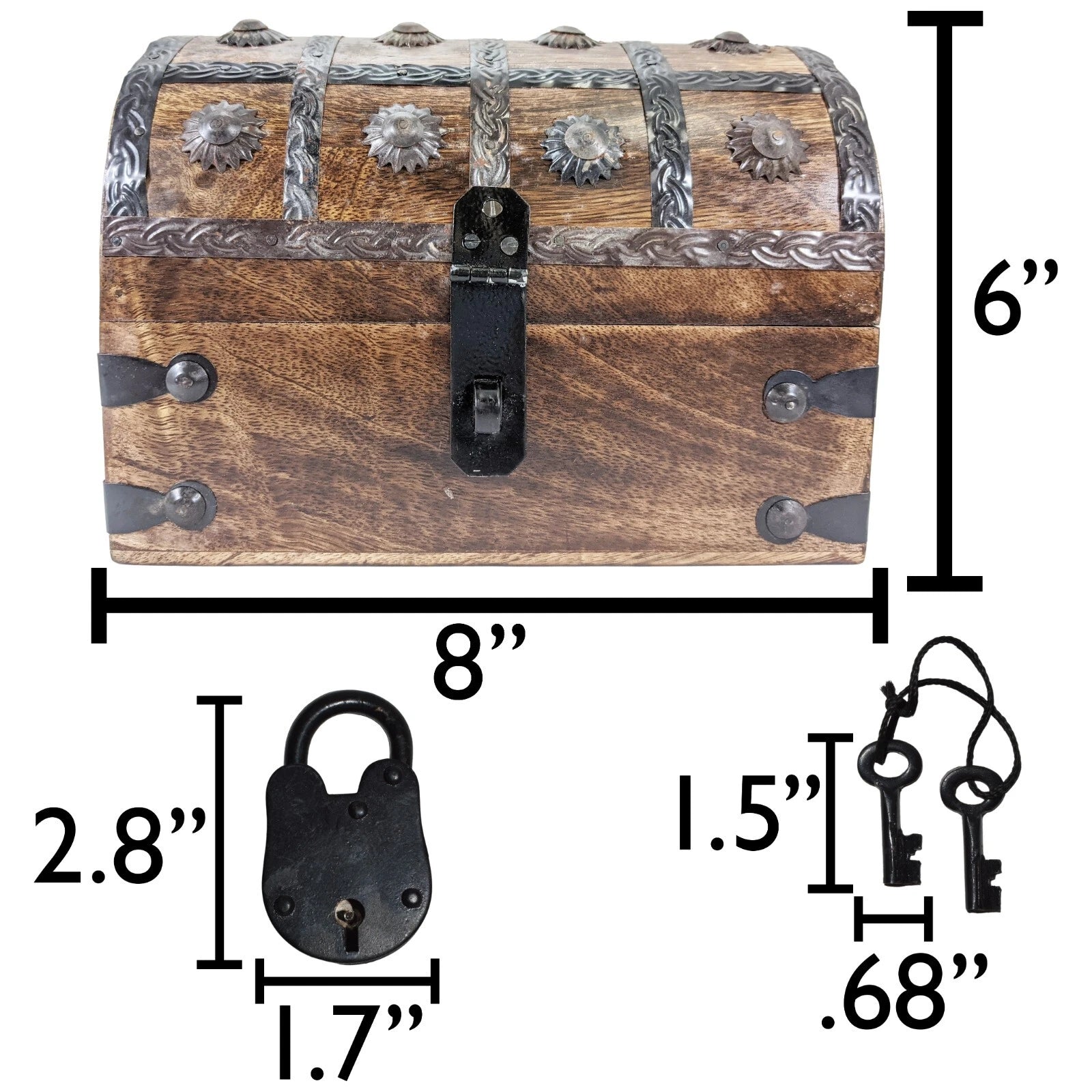 8"x6"x6" Wood Pirate's Treasure Chest Nautical Jewelry Box, Includes Lock & Keys 850018633550| eBay