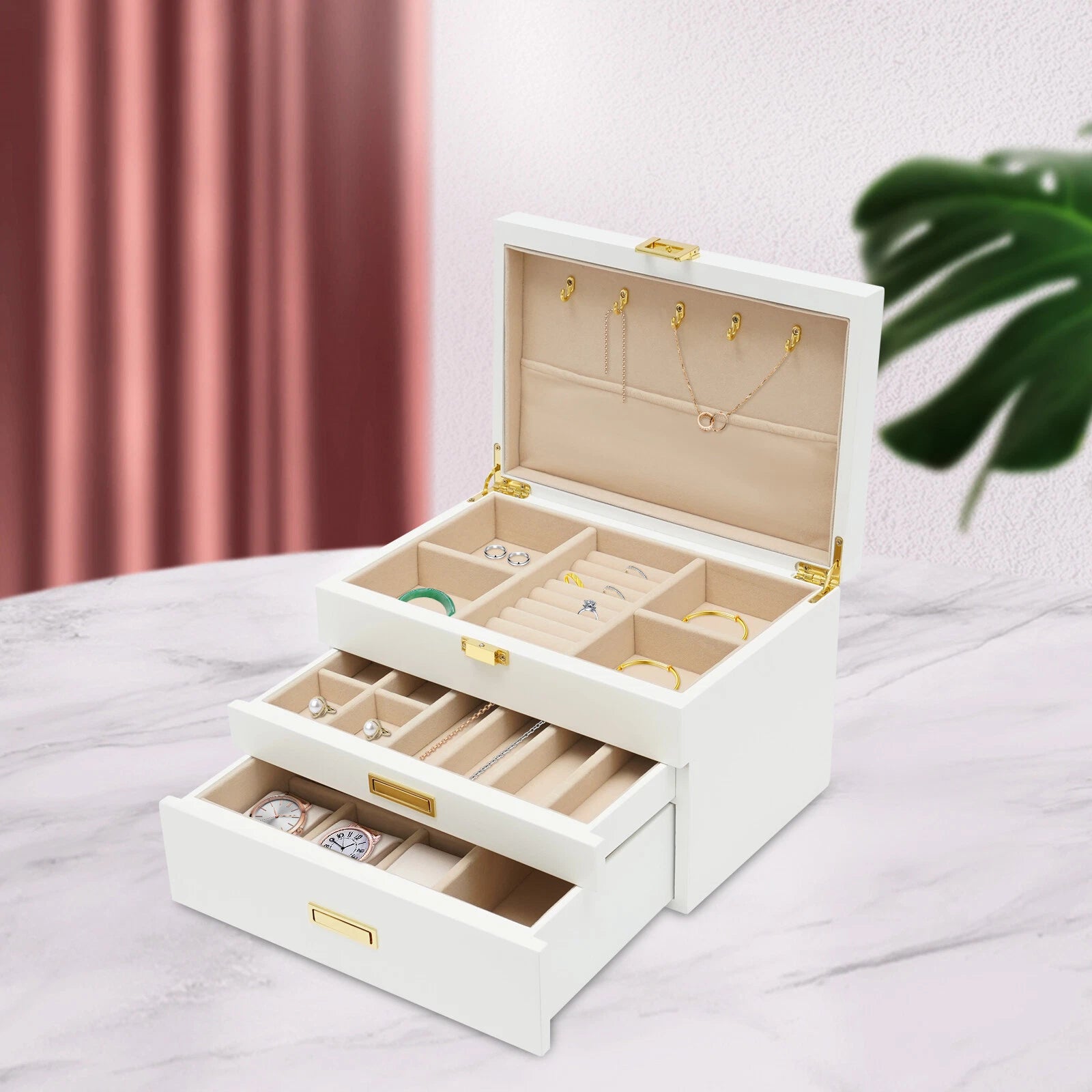 28CM Large Wooden Jewelry Storage Box White 3 Layers Organizer 2 Drawers Cabinet | eBay