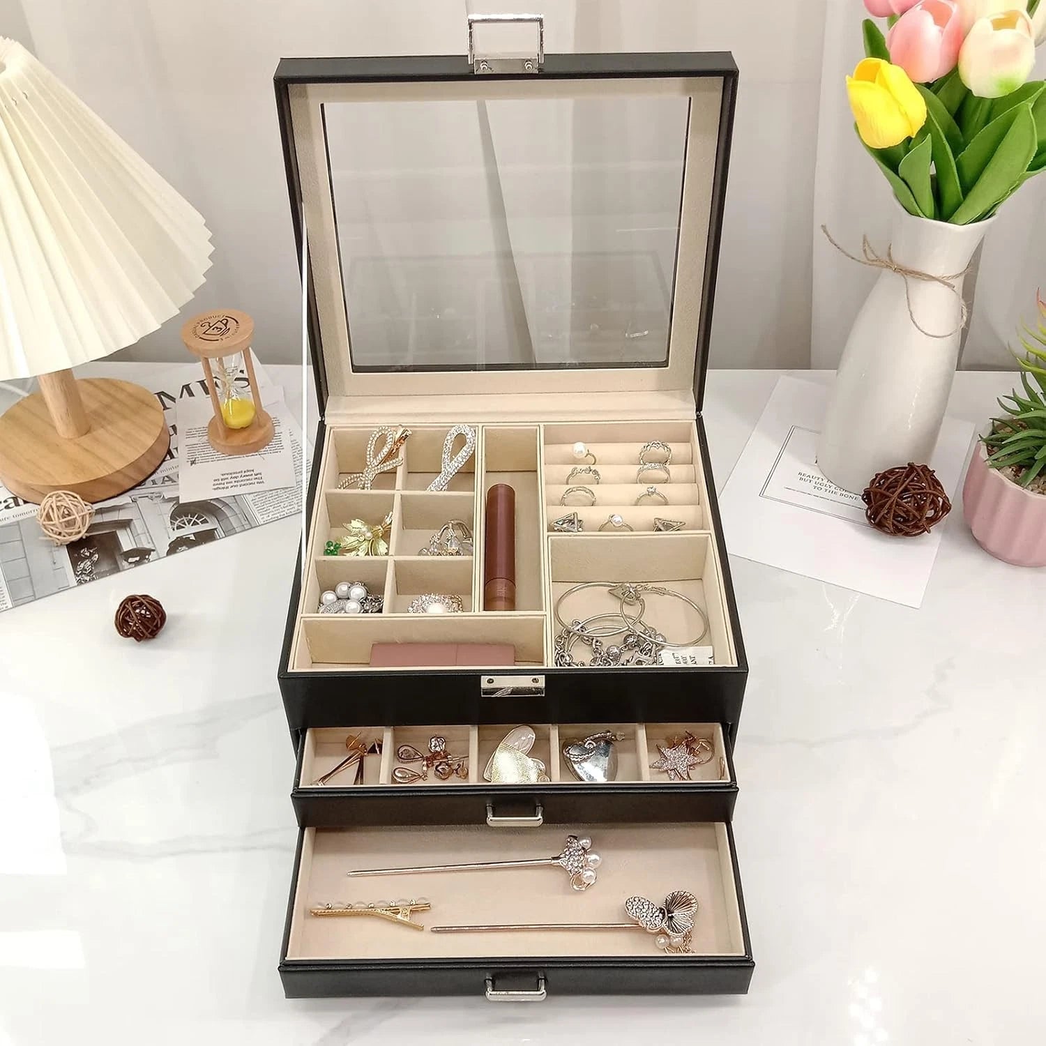 3-Layer Jewelry Organizer with Glass Lid & Drawers Jewelry Storag Box for Women. | eBay