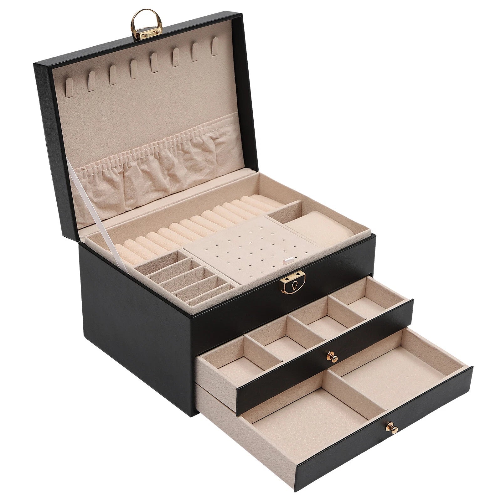 3-Layer Jewelry Box Organizer with Lockable Storage and Velveteen Lining | eBay