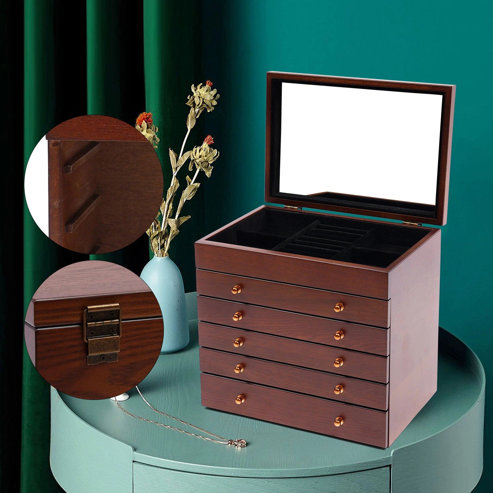 6 Layers Wooden Jewelry Case Necklace Watches Storage Box With Mirror Women | eBay