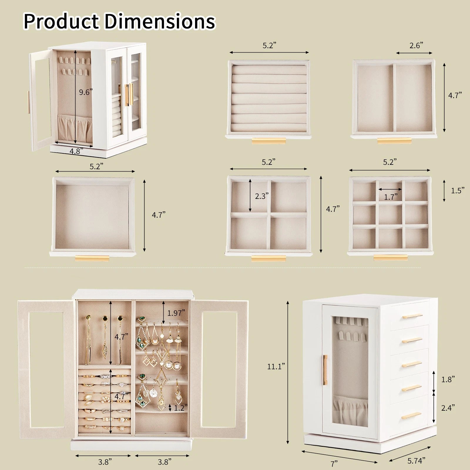 360° Rotating Jewelry Box with 5 Drawers - White Cabinet & Pink Velvet Storage | eBay