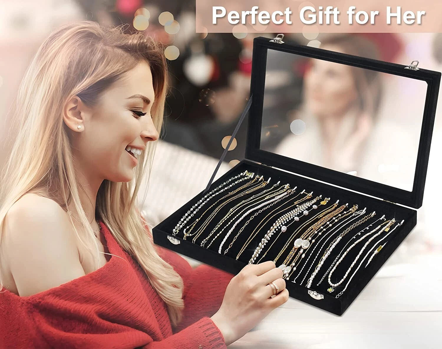 20 Hooks Velvet Necklace Organizer Box Necklace Holder Tray with Clear Lid Black | eBay