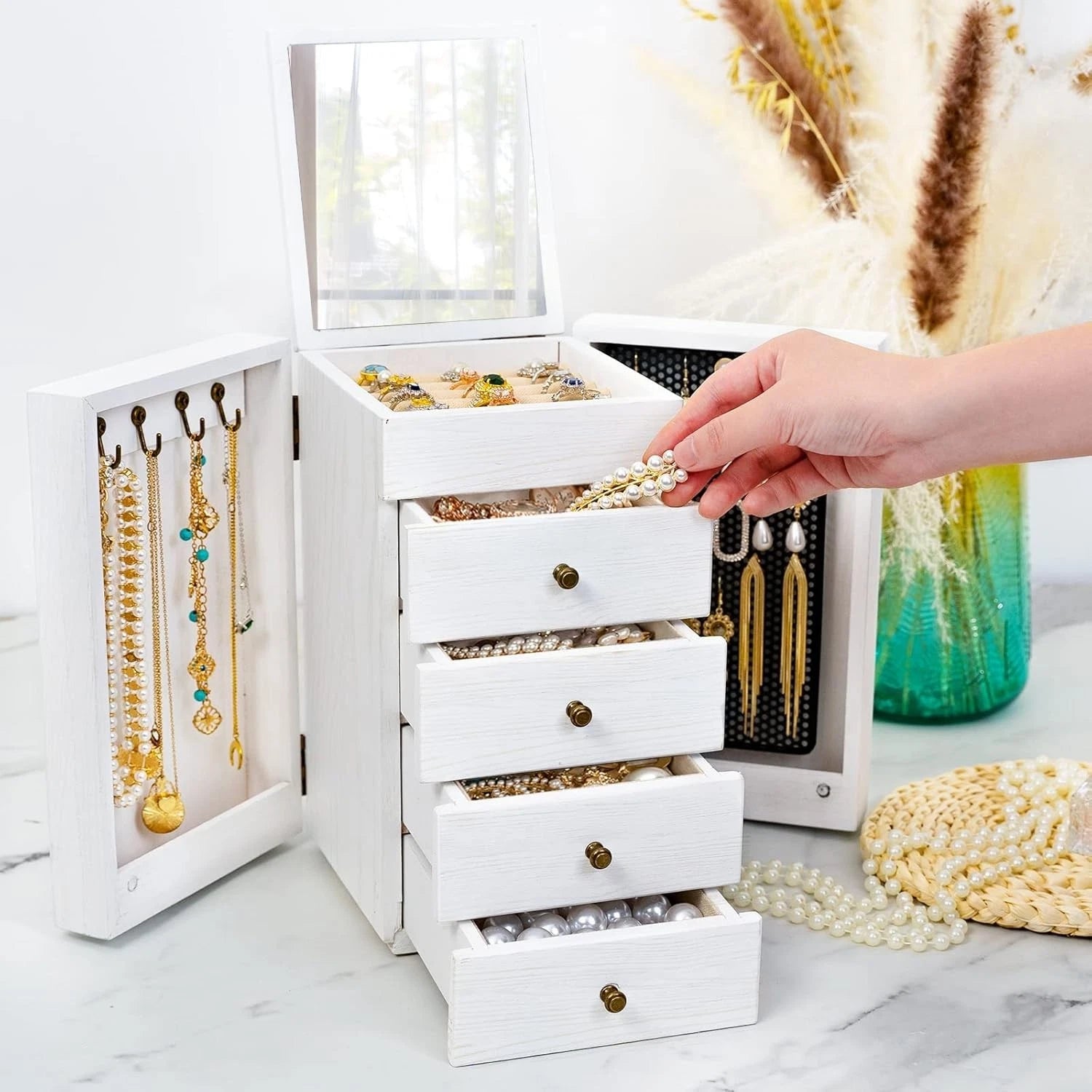 Charming White 5-Layer Jewelry Storage Box with Built-in Mirror & 4 Drawers | eBay