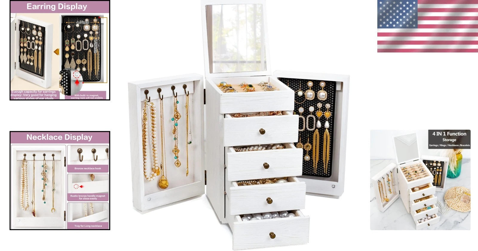 Charming White 5-Layer Jewelry Storage Box with Built-in Mirror & 4 Drawers | eBay