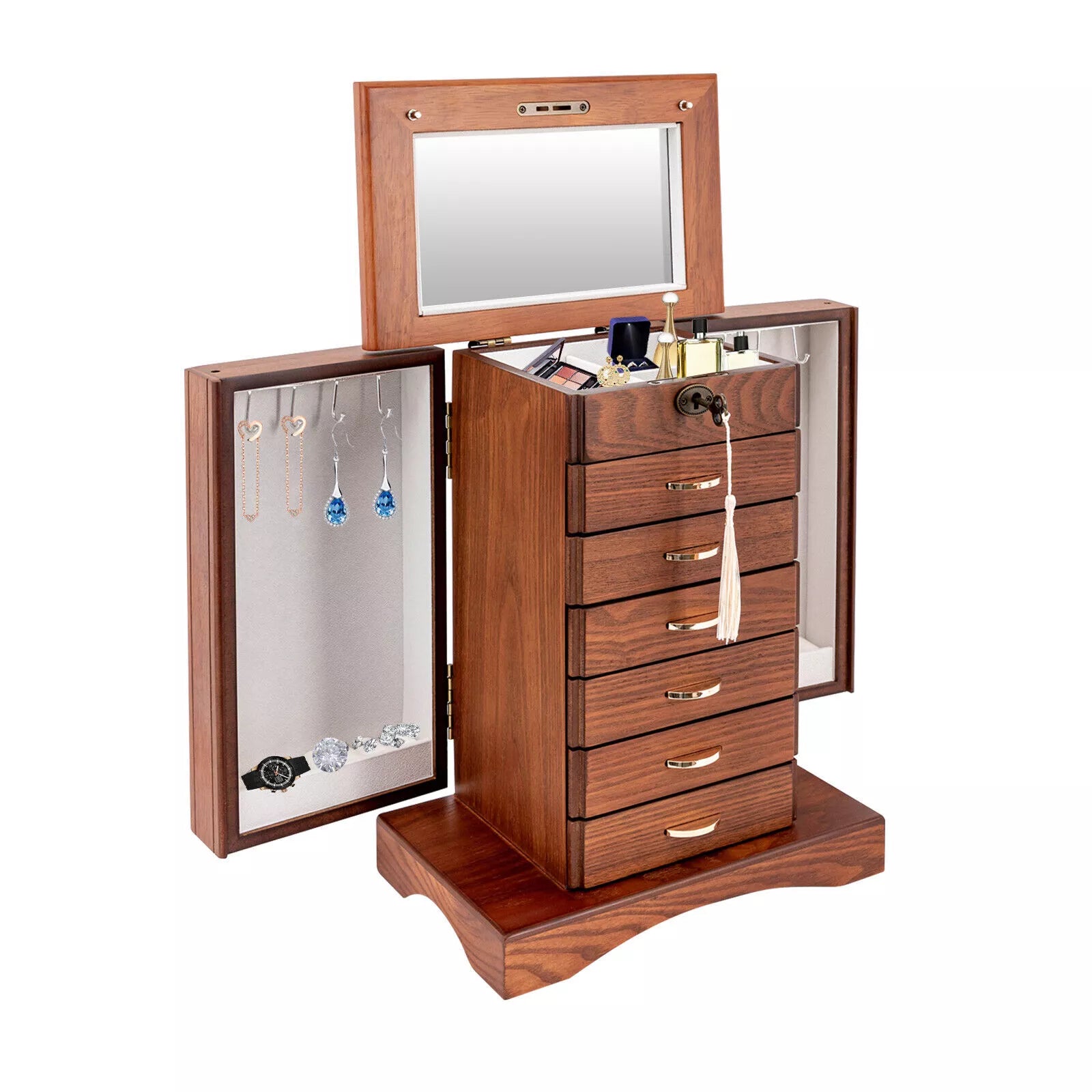 7 Layers Jewelry Box Large Wooden Organizer Box with Mirror Safe Lock for Women | eBay