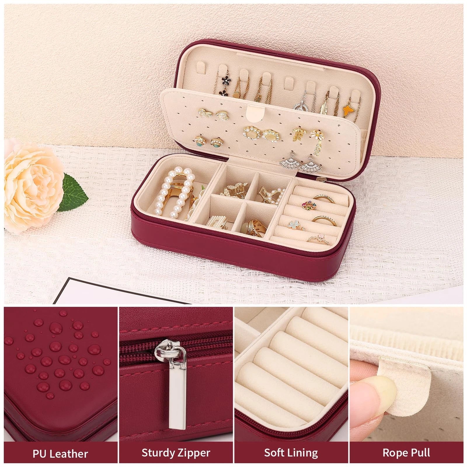 DesignSter Travel Jewelry Box, PU Leather Portable Case, Wine Red | eBay