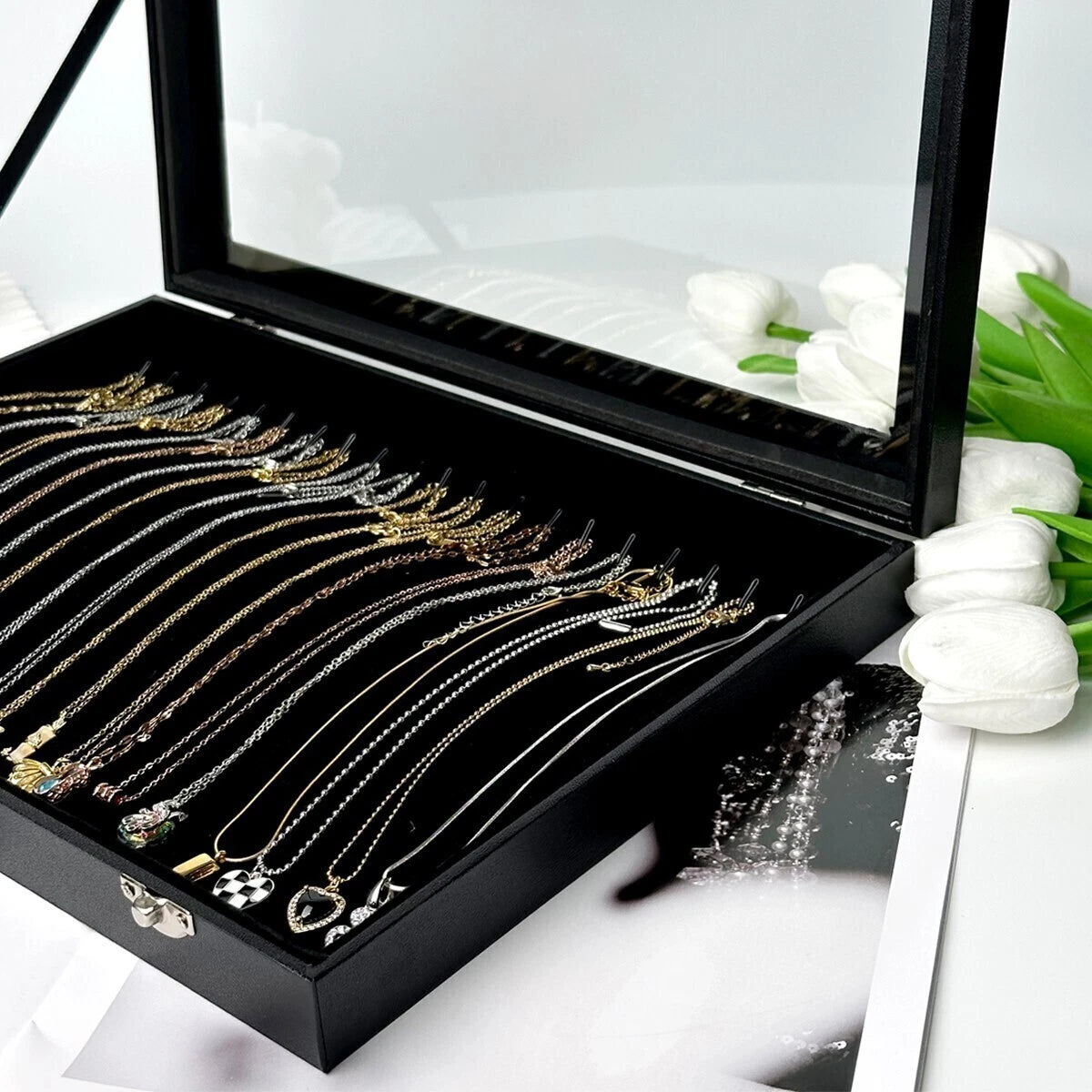 20 Hooks Velvet Necklace Organizer Box Necklace Holder Tray with Clear Lid | eBay