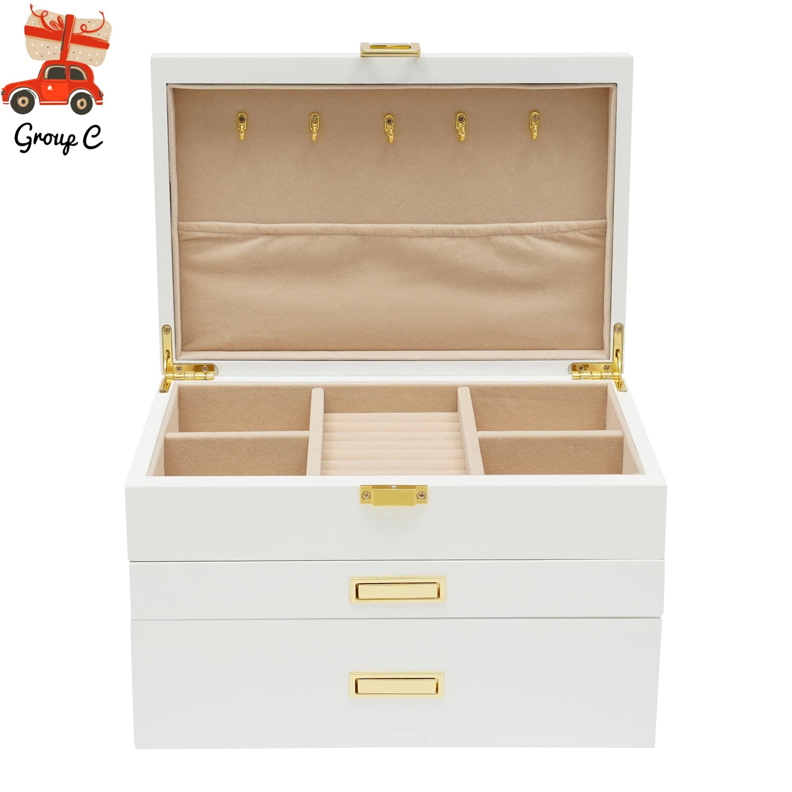 28CM Large Wooden Jewelry Storage Box White 3 Layers Organizer 2 Drawers Cabinet | eBay
