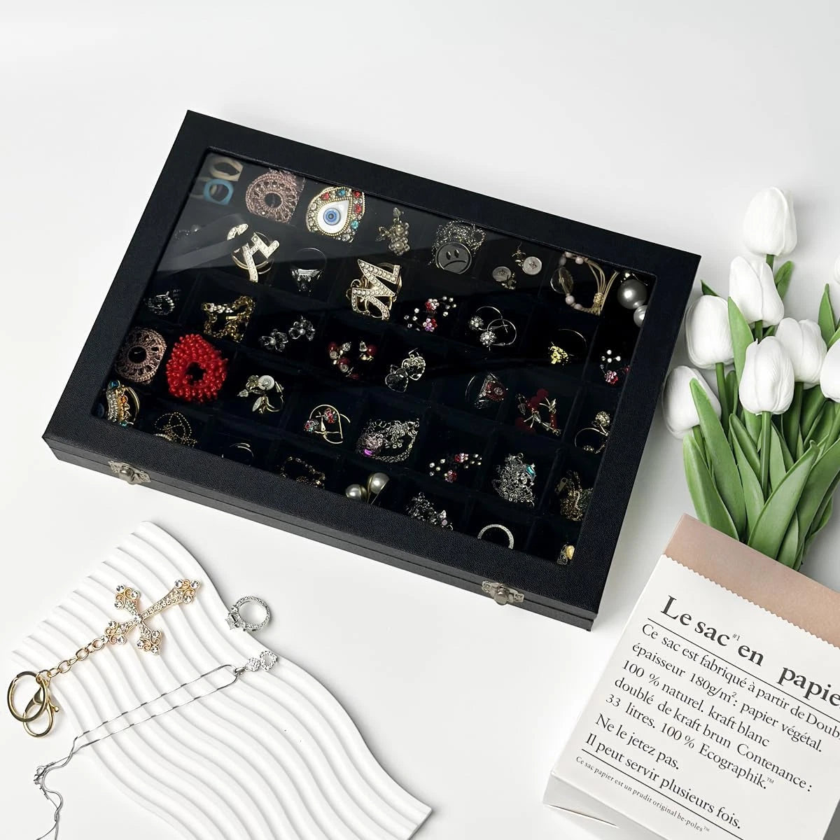 Clear Lid 40 Grid Jewelry Box with Transparent Glass Lid Velvet Earring... | eBay