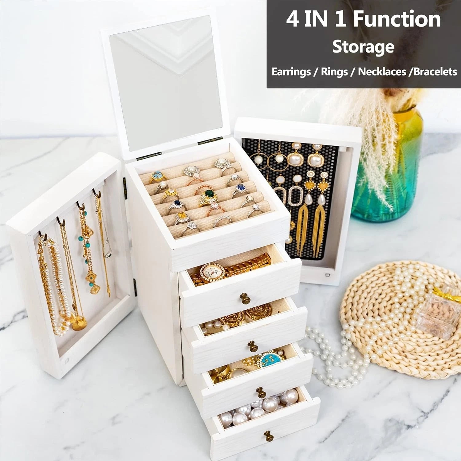 Charming White 5-Layer Jewelry Storage Box with Built-in Mirror & 4 Drawers | eBay