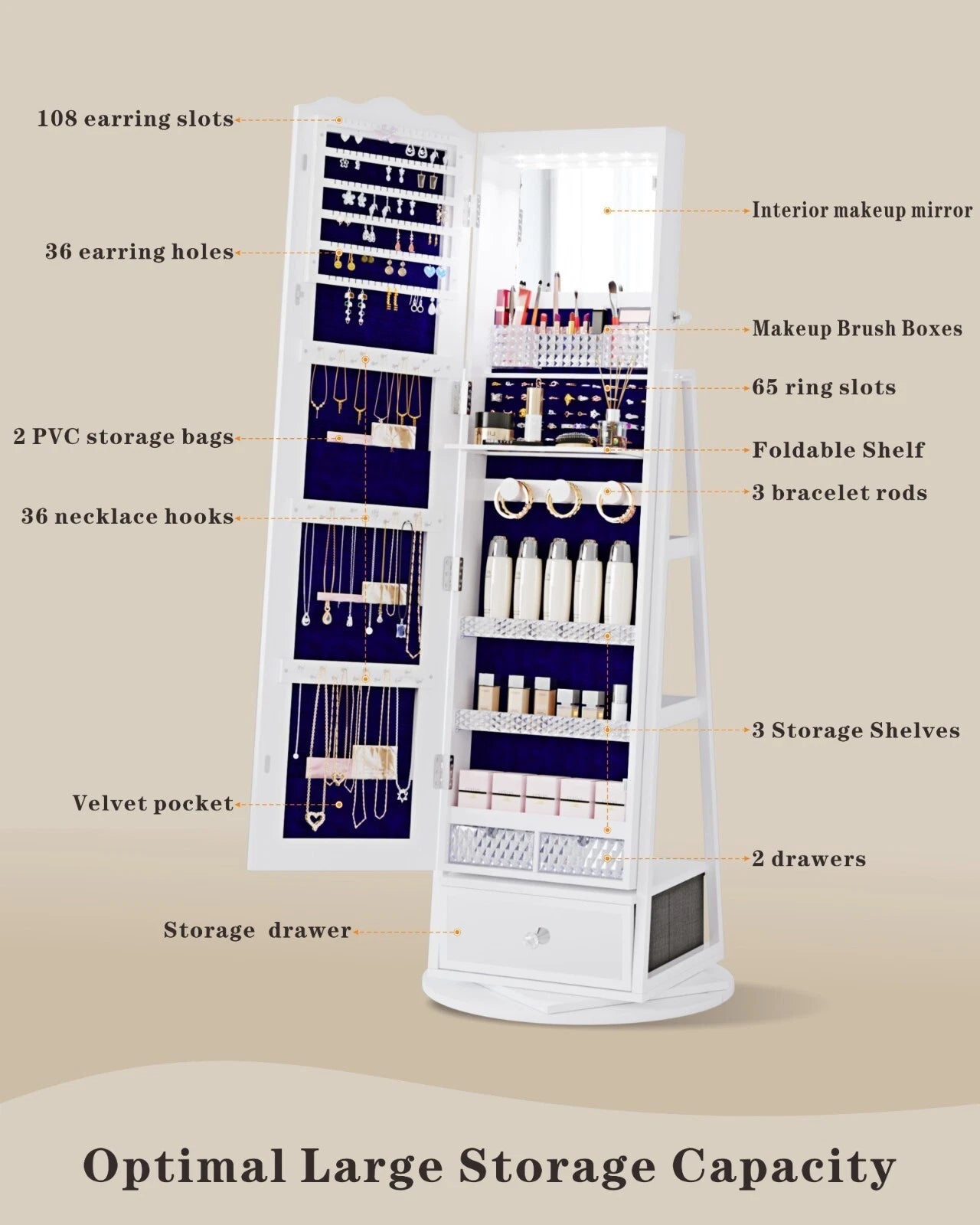 360° Rotating Jewelry Armoire with Full Length Mirror, Lockable Jewelry Cabinet | eBay