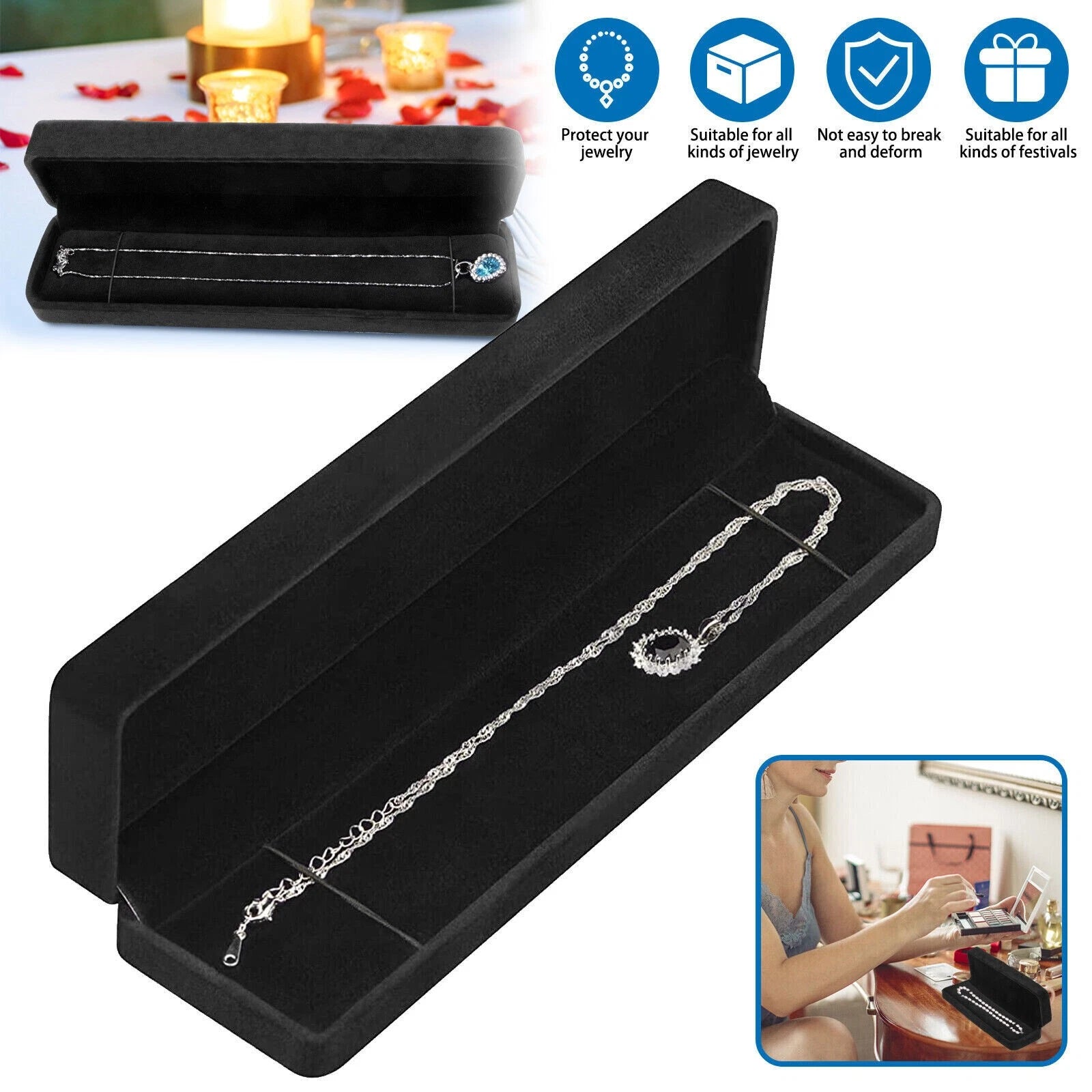 1PC Black Velvet Necklace Chain Gift Box Bracelet Storage Case Jewelry Display | eBay