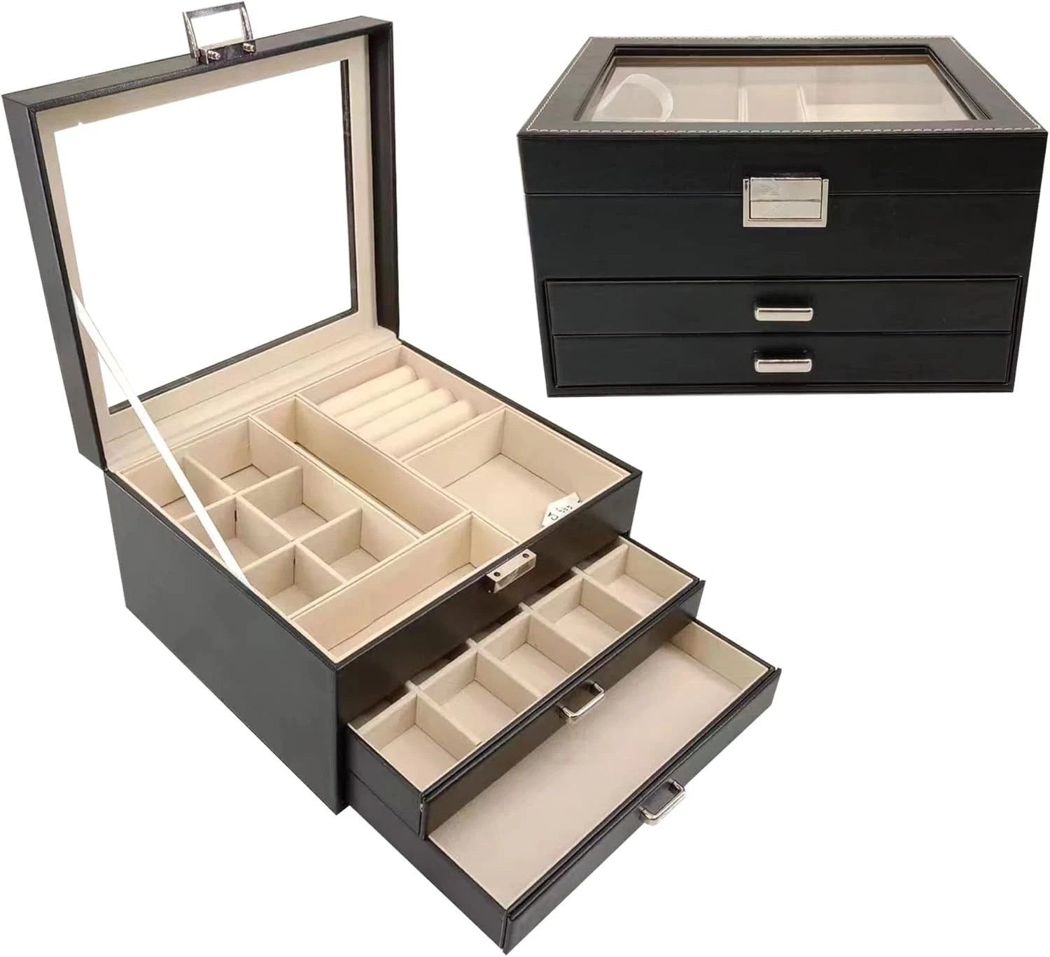 3-Layer Jewelry Organizer with Glass Lid & Drawers Jewelry Storag Box for Women. | eBay