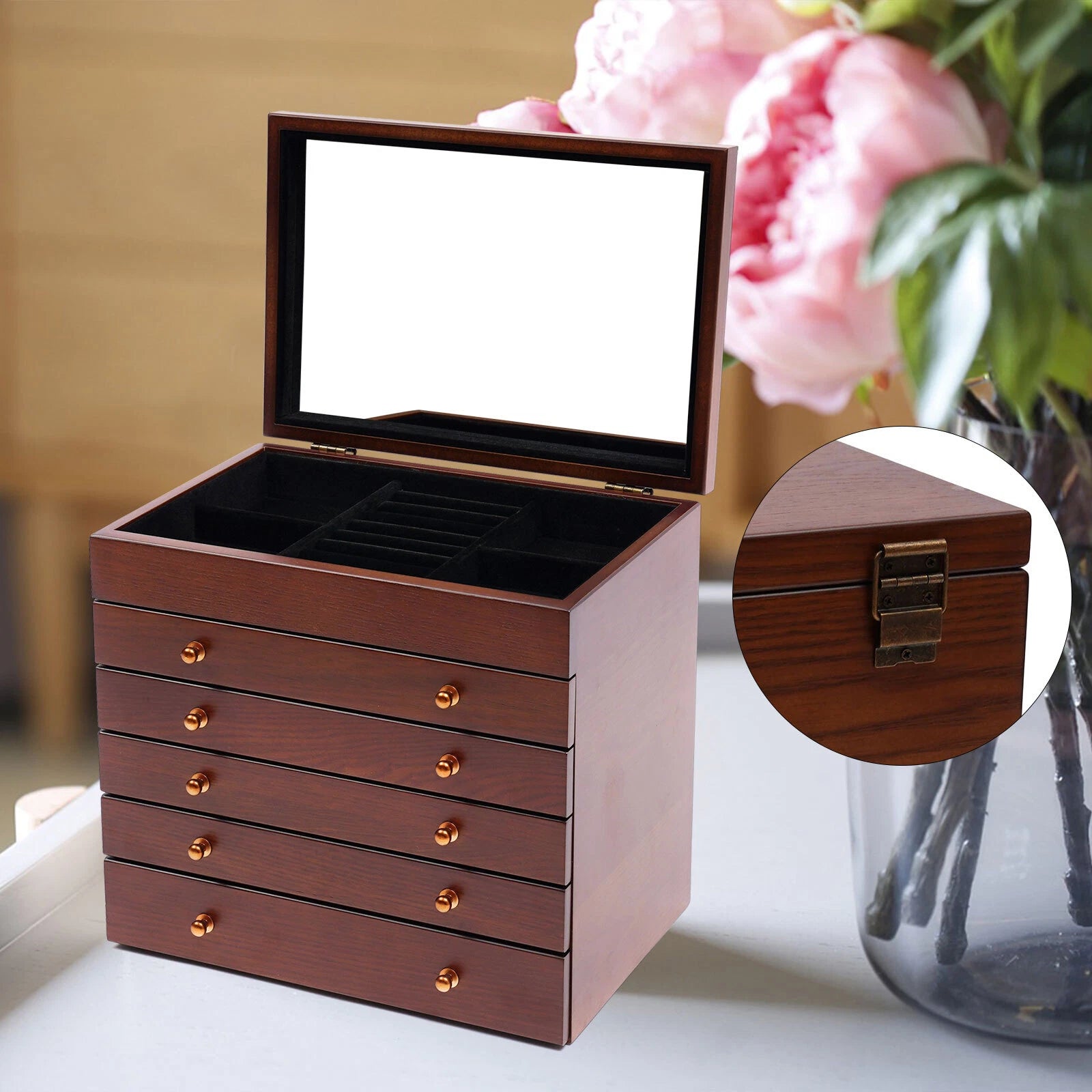 6 Layers Wooden Jewelry Case Necklace Watches Storage Box With Mirror Women | eBay