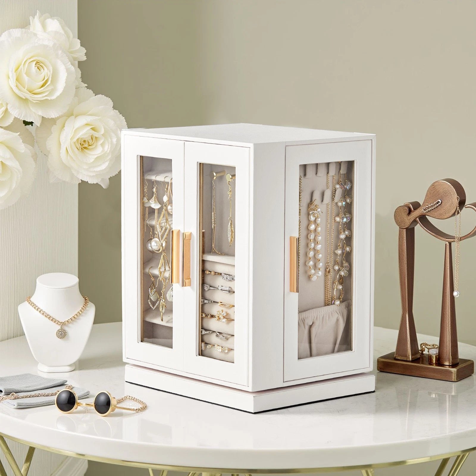 360° Rotating Jewelry Box Large Storage for Earrings Velvet Jewelry Cabinet | eBay