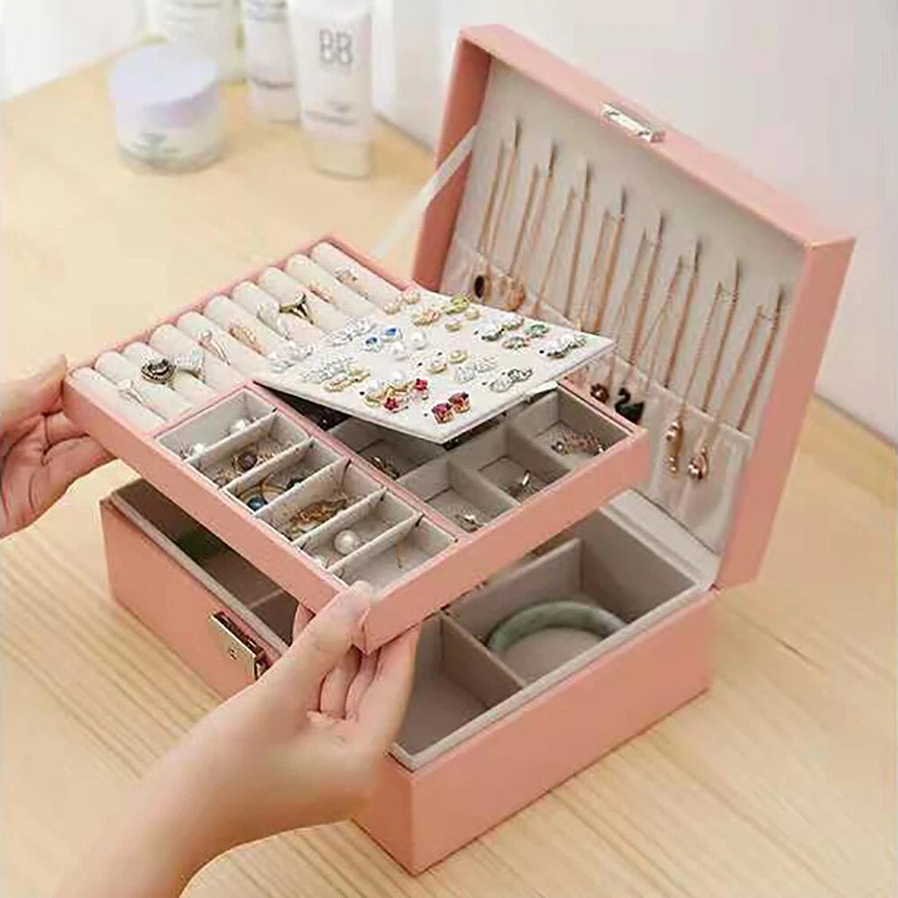 Double Layer Jewelry Box - PU Leather Organizer for Necklaces & Rings | eBay