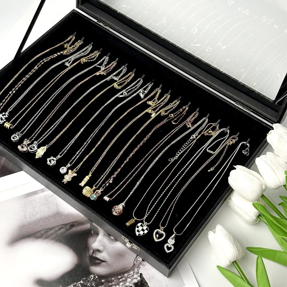 20 Hooks Velvet Necklace Organizer Box Necklace Holder Tray with Clear Lid | eBay
