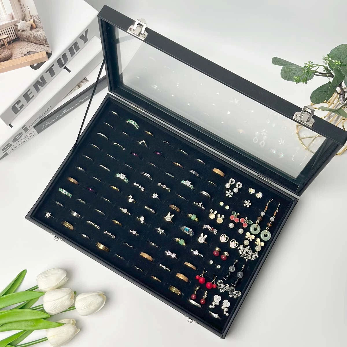 Black 100 Slots Ring Organizer Box,Ring Display Case Storage Boxes with Glass | eBay