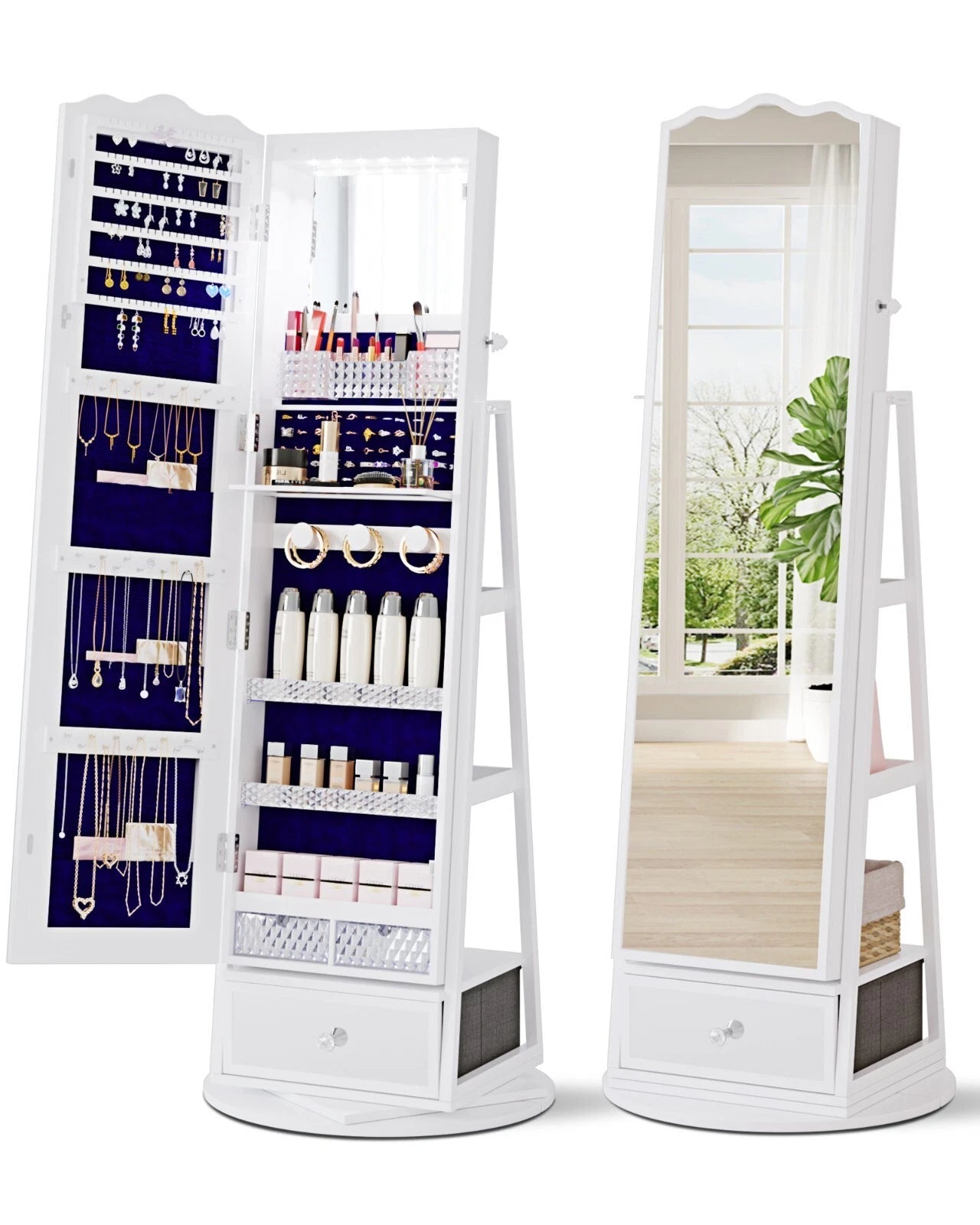 360° Rotating Jewelry Armoire with Full Length Mirror, Lockable Jewelry Cabinet | eBay