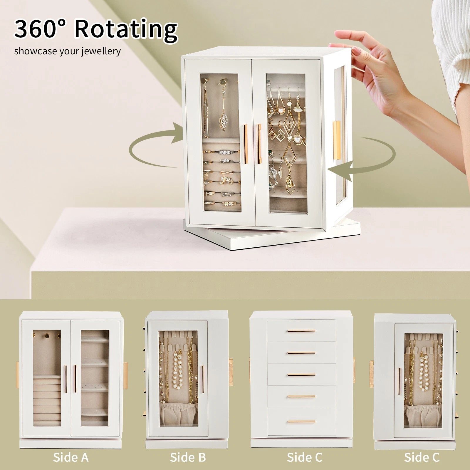 360° Rotating Jewelry Box with 5 Drawers - White Cabinet & Pink Velvet Storage | eBay