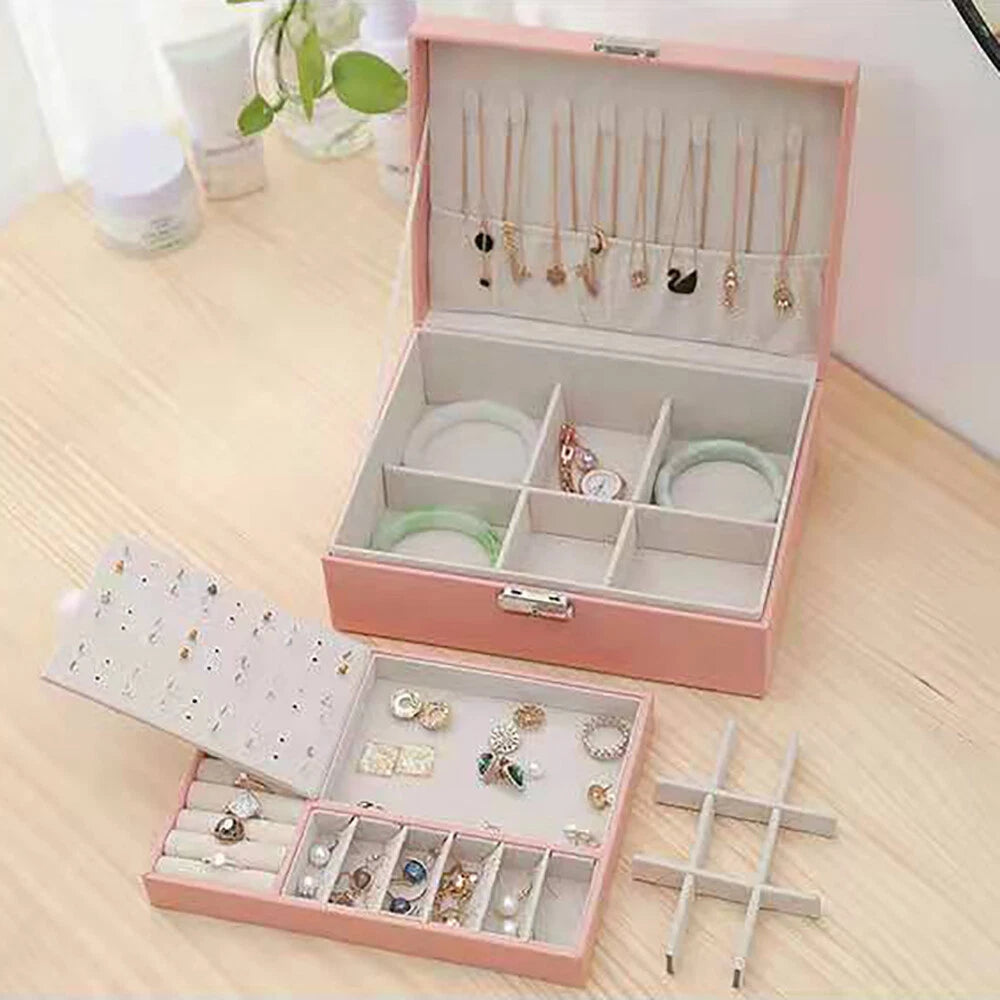 Double Layer Jewelry Box - PU Leather Organizer for Necklaces & Rings | eBay
