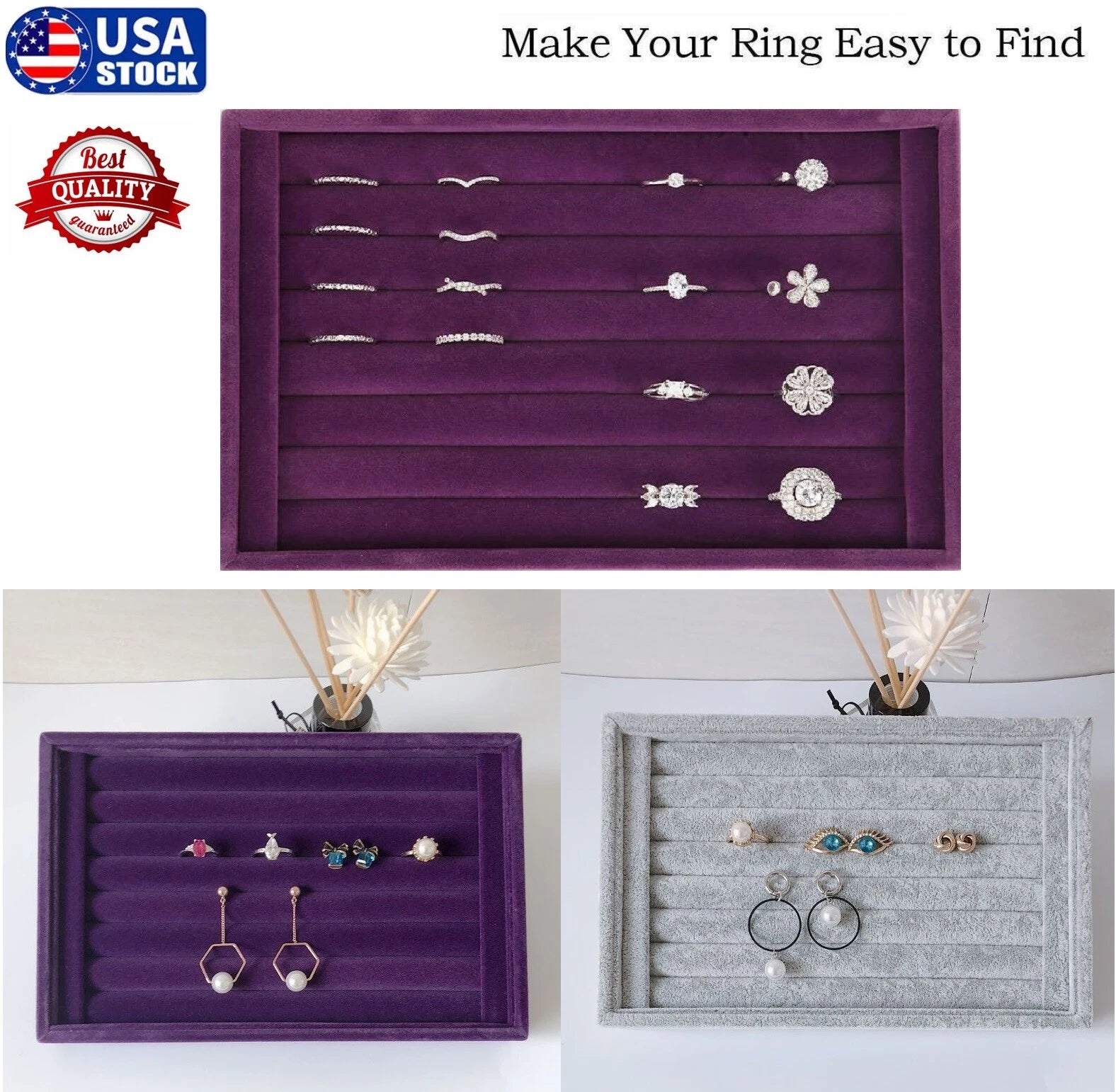 2× Velvet Jewelry Ring Display Organizer Case Earring Storage Box Tray Holder US | eBay