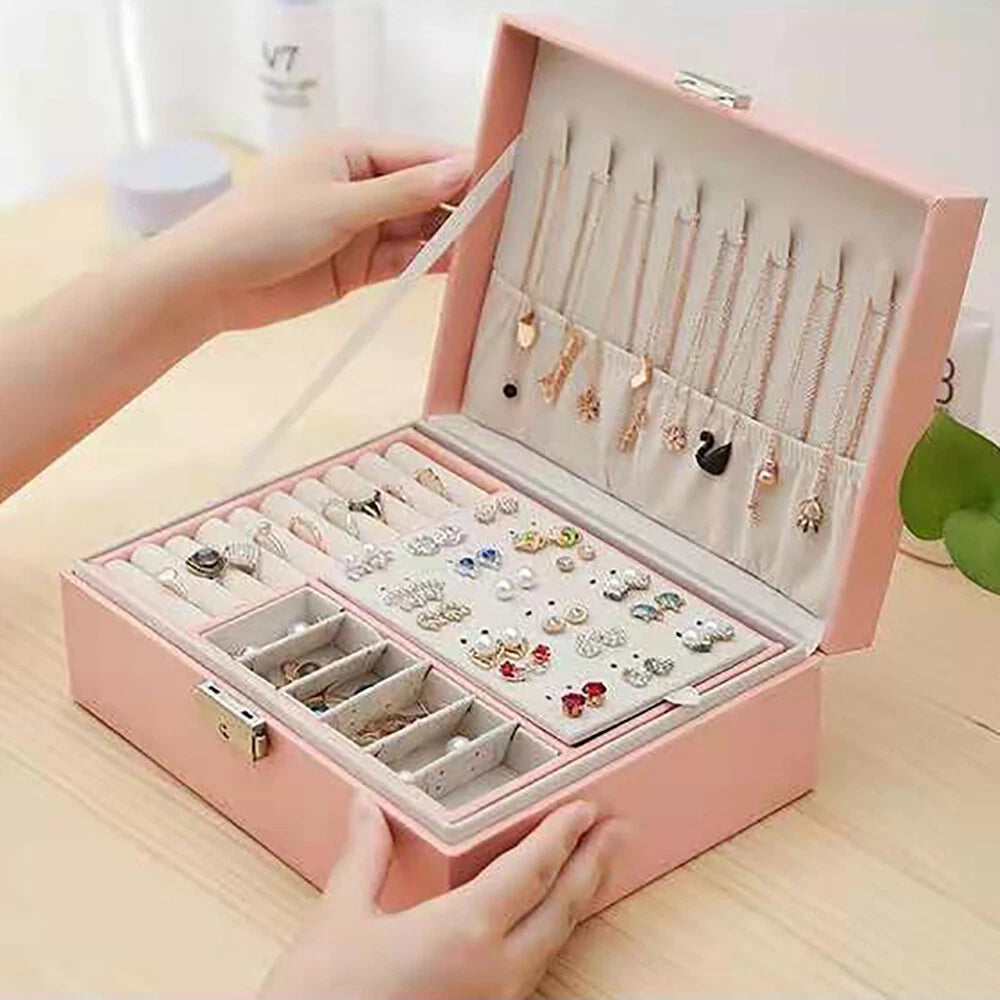 Double Layer Jewelry Box - PU Leather Organizer for Necklaces & Rings | eBay