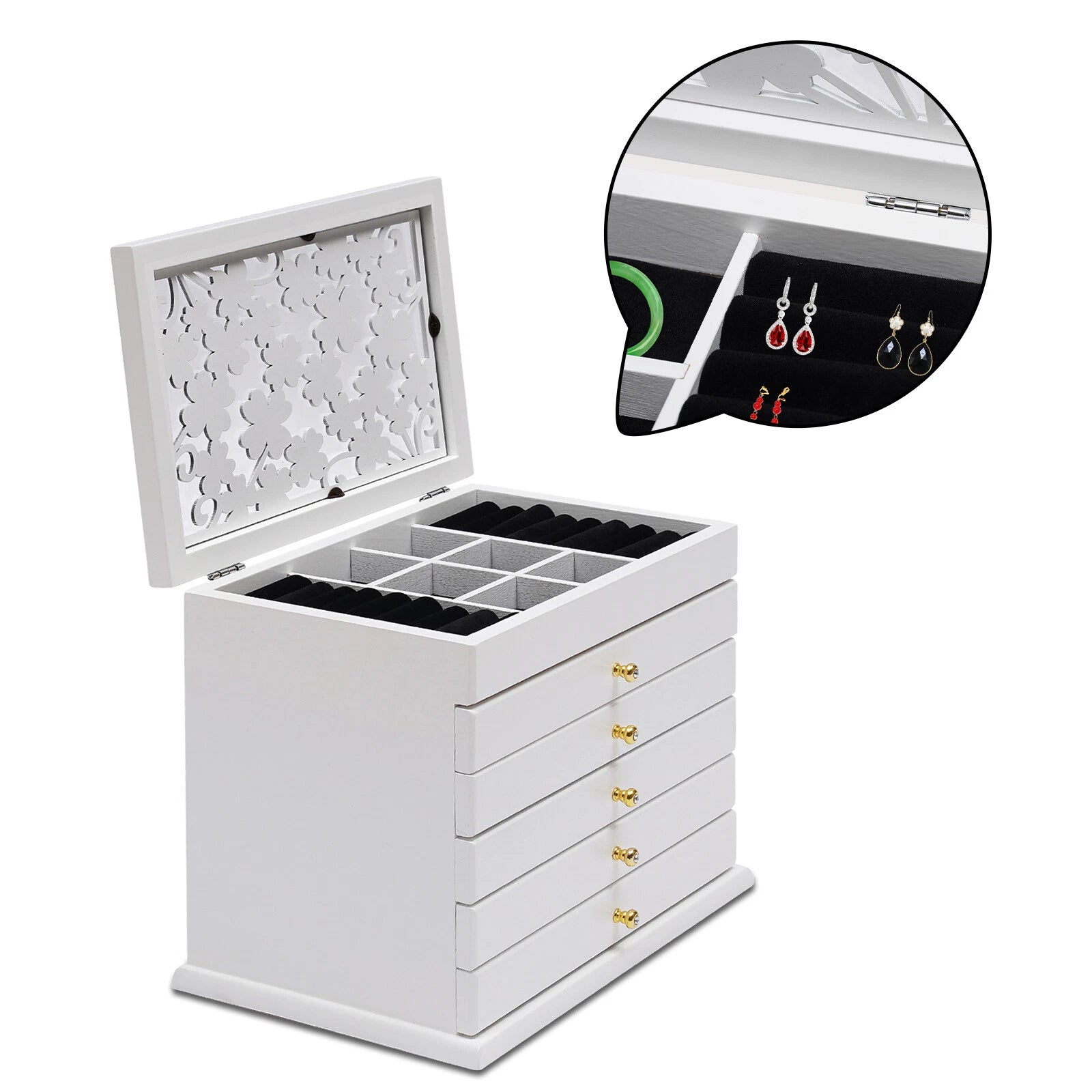 6-Layer White Jewelry Boxes Ring Necklace Storage Large-Capacity Wooden Box Case | eBay