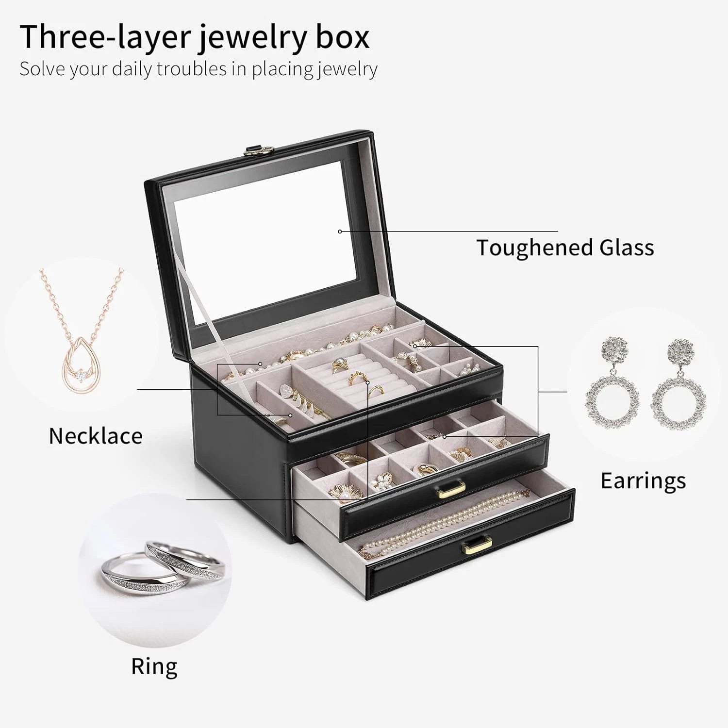 3-Layer Jewelry Box for Women Girls - Jewelry Organizer Box with Glass Lid - Jew | eBay