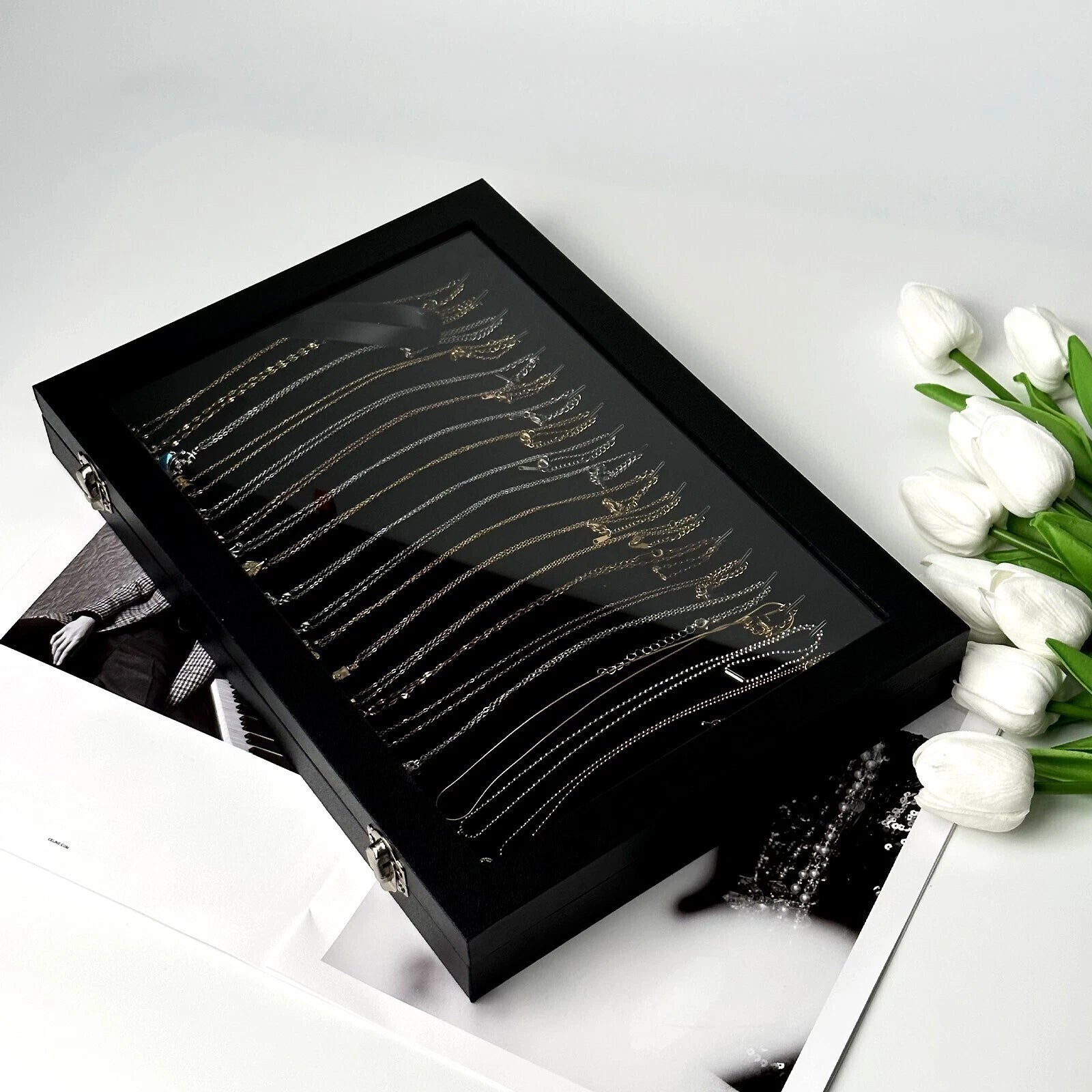 20 Hooks Velvet Necklace Organizer Box Necklace Holder Tray with Clear Lid | eBay