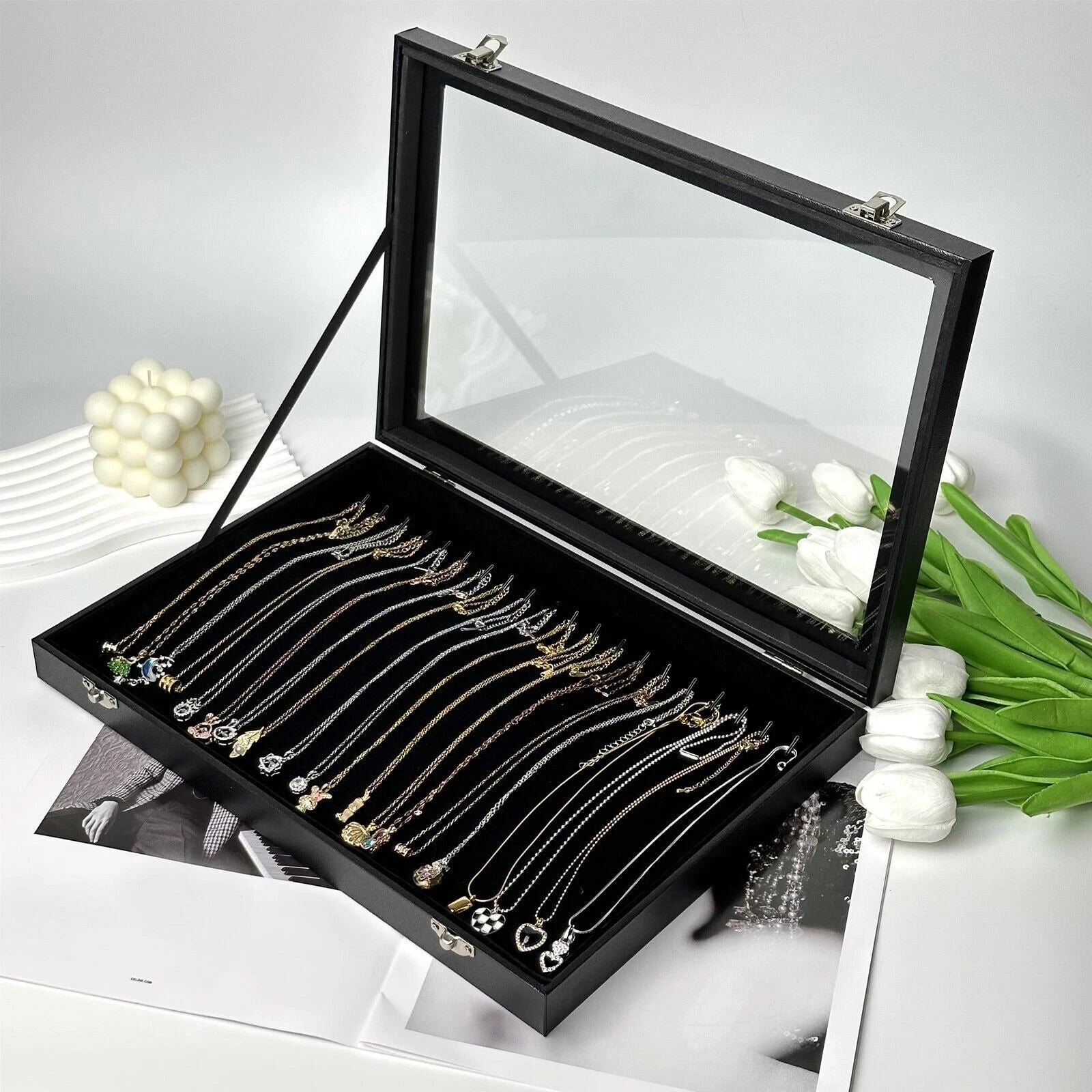 20 Hooks Velvet Necklace Organizer Box Necklace Holder Tray with Clear Lid Black | eBay