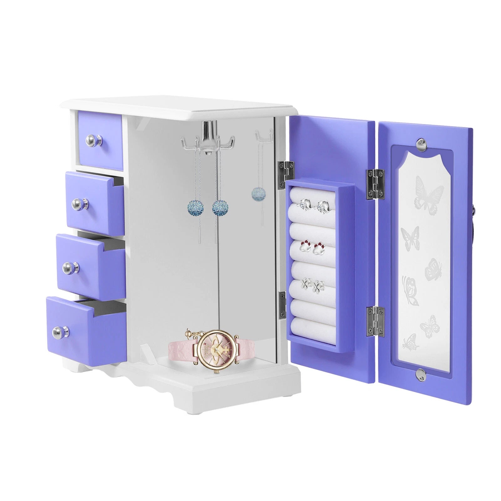 Double Door Purple Butterfly Jewelry Box w/4 Drawers Organizer Built-in Mirror | eBay