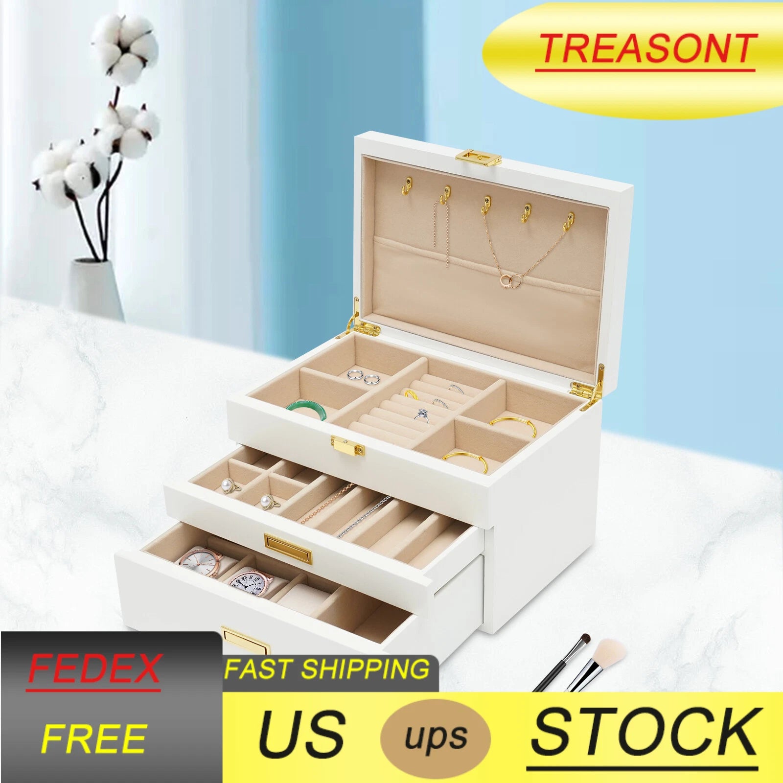 3-Layer Jewelry Organizer Box Earring Ring Necklace Bracelet Storage Case White | eBay