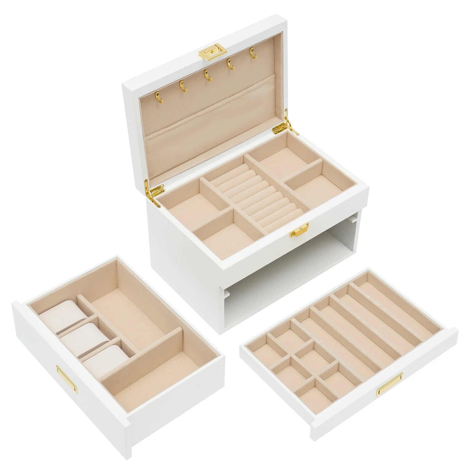 28CM Large Wooden Jewelry Storage Box White 3 Layers Organizer 2 Drawers Cabinet | eBay