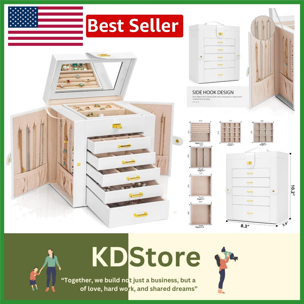 White Faux Leather 6-Layer Jewelry Storage Case with Large Mirror & Drawers | eBay