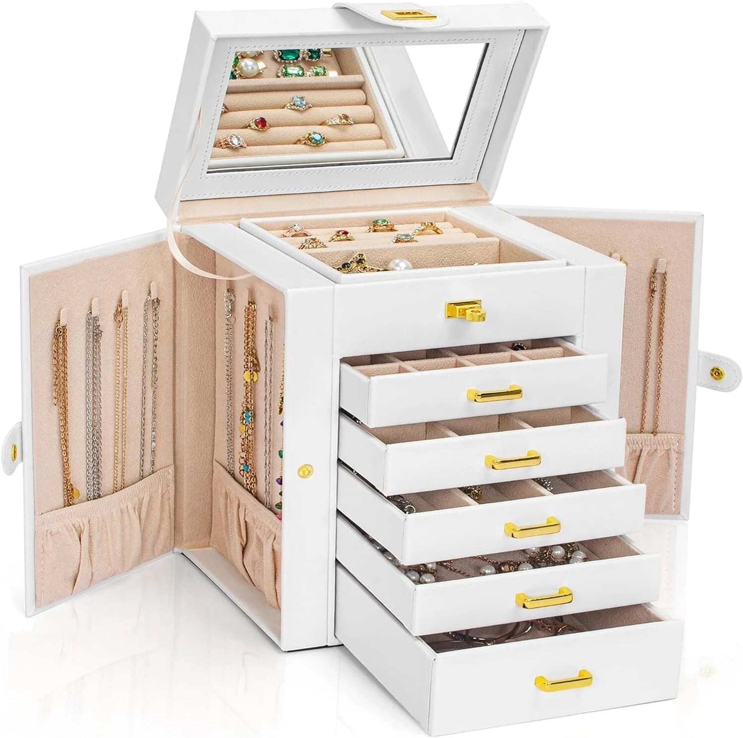 White Faux Leather 6-Layer Jewelry Storage Case with Large Mirror & Drawers | eBay