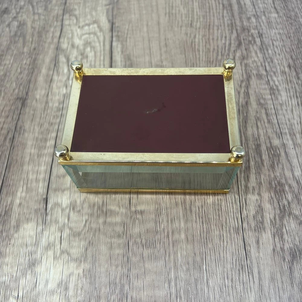 Vintage Glass Jewelry Box Gold Trim Etched Birds Bamboo Trinket Mirror Storage | eBay