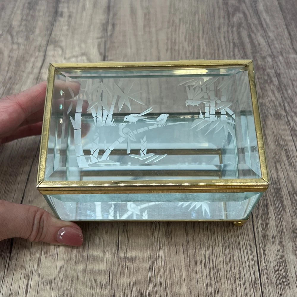 Vintage Glass Jewelry Box Gold Trim Etched Birds Bamboo Trinket Mirror Storage | eBay