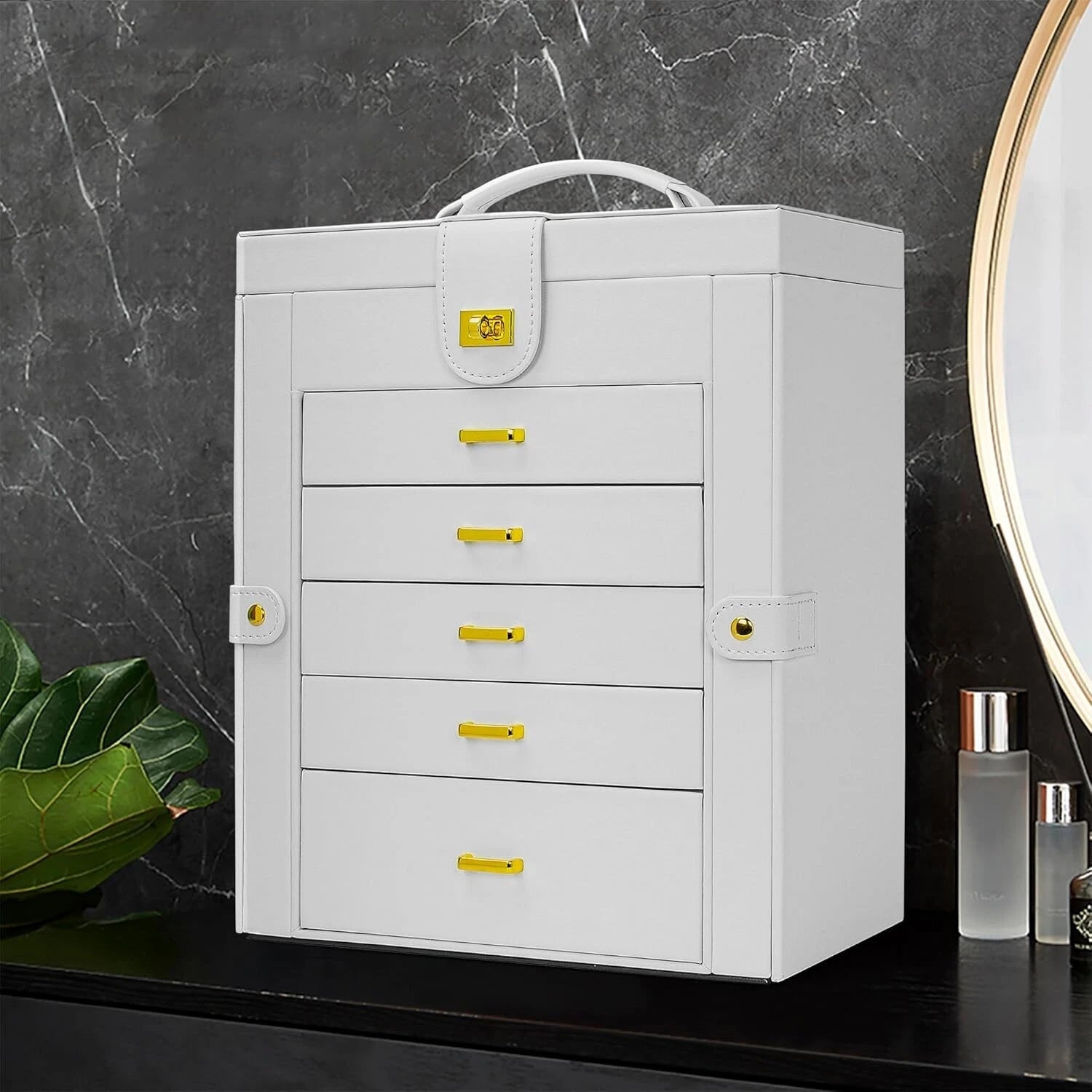 White Faux Leather 6-Layer Jewelry Storage Case with Large Mirror & Drawers | eBay