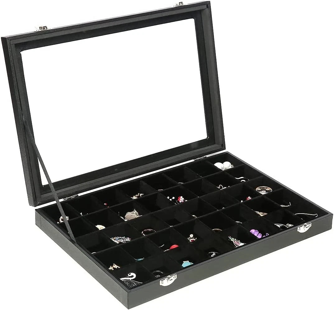 Clear Lid 40 Grid Jewelry Box with Transparent Glass Lid Velvet Earring... | eBay