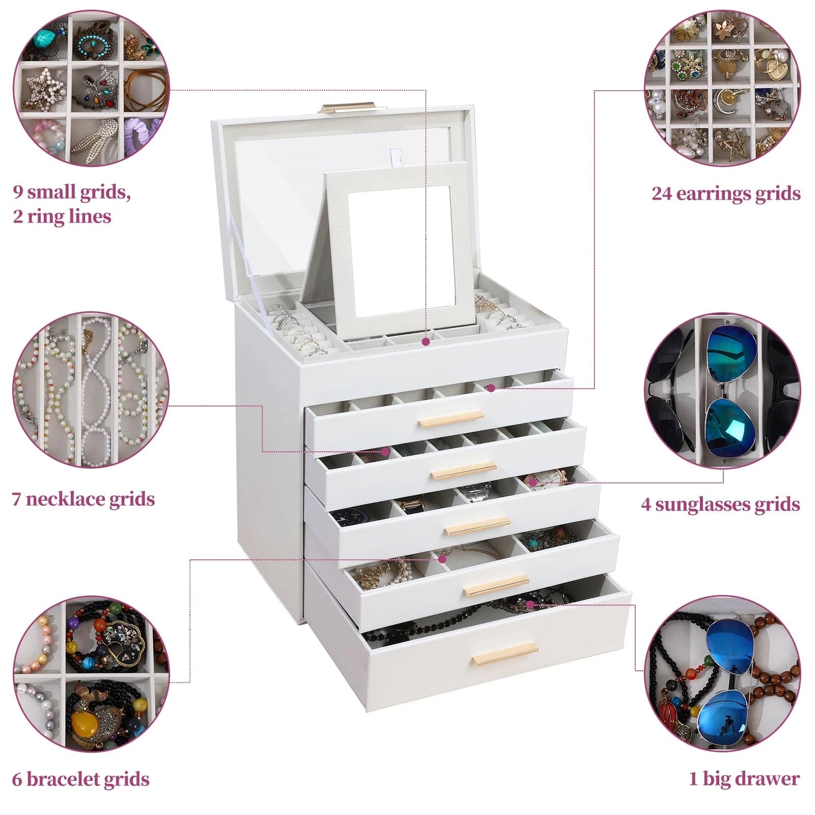 Jewelry Box for Women, Black 6 Layer Large Jewelry Organizer with Glass Lid f... | eBay
