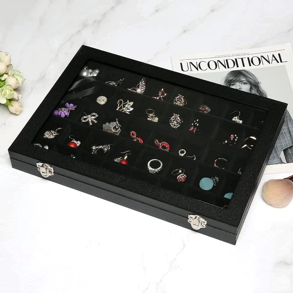 Clear Lid 40 Grid Jewelry Box with Transparent Glass Lid Velvet Earring... | eBay