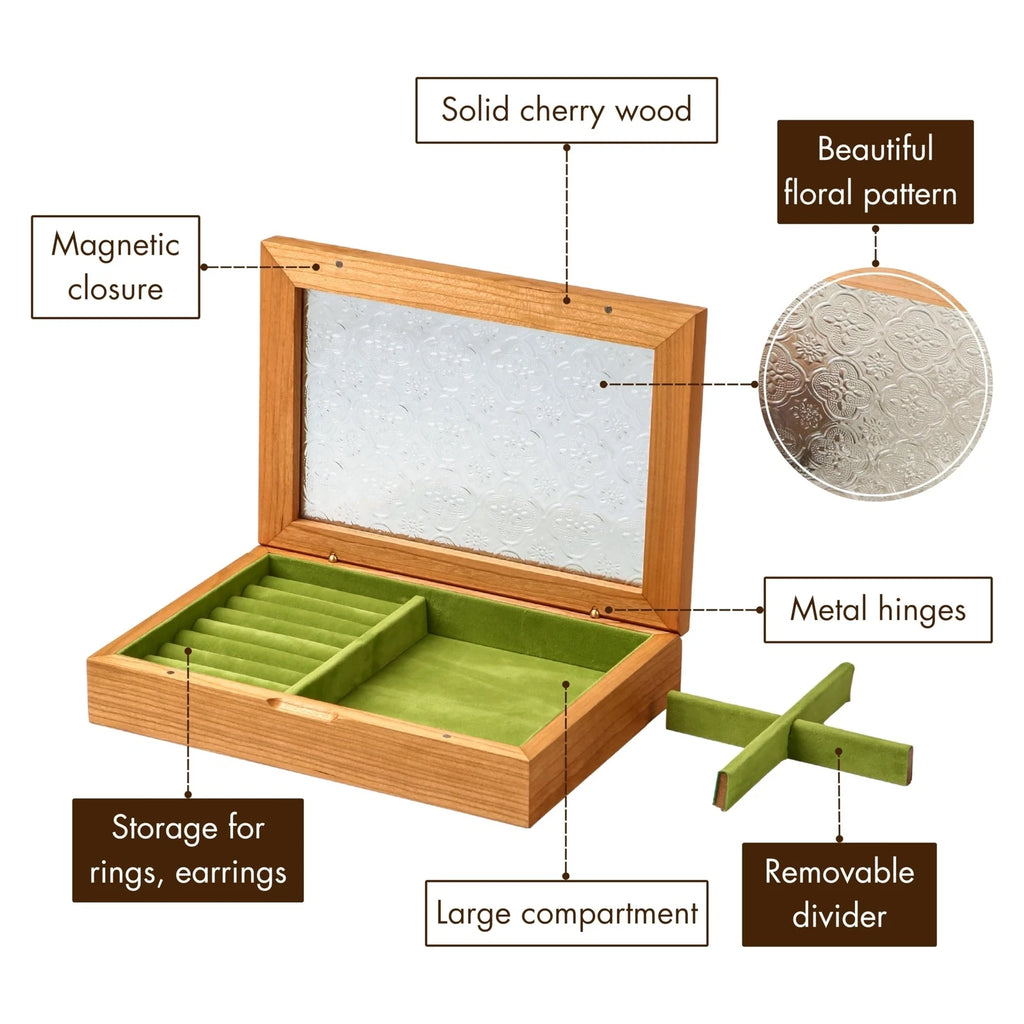 Wooden Jewelry Box for Women, Medium Size Natural Solid Cherry Wood Girls Vin... | eBay