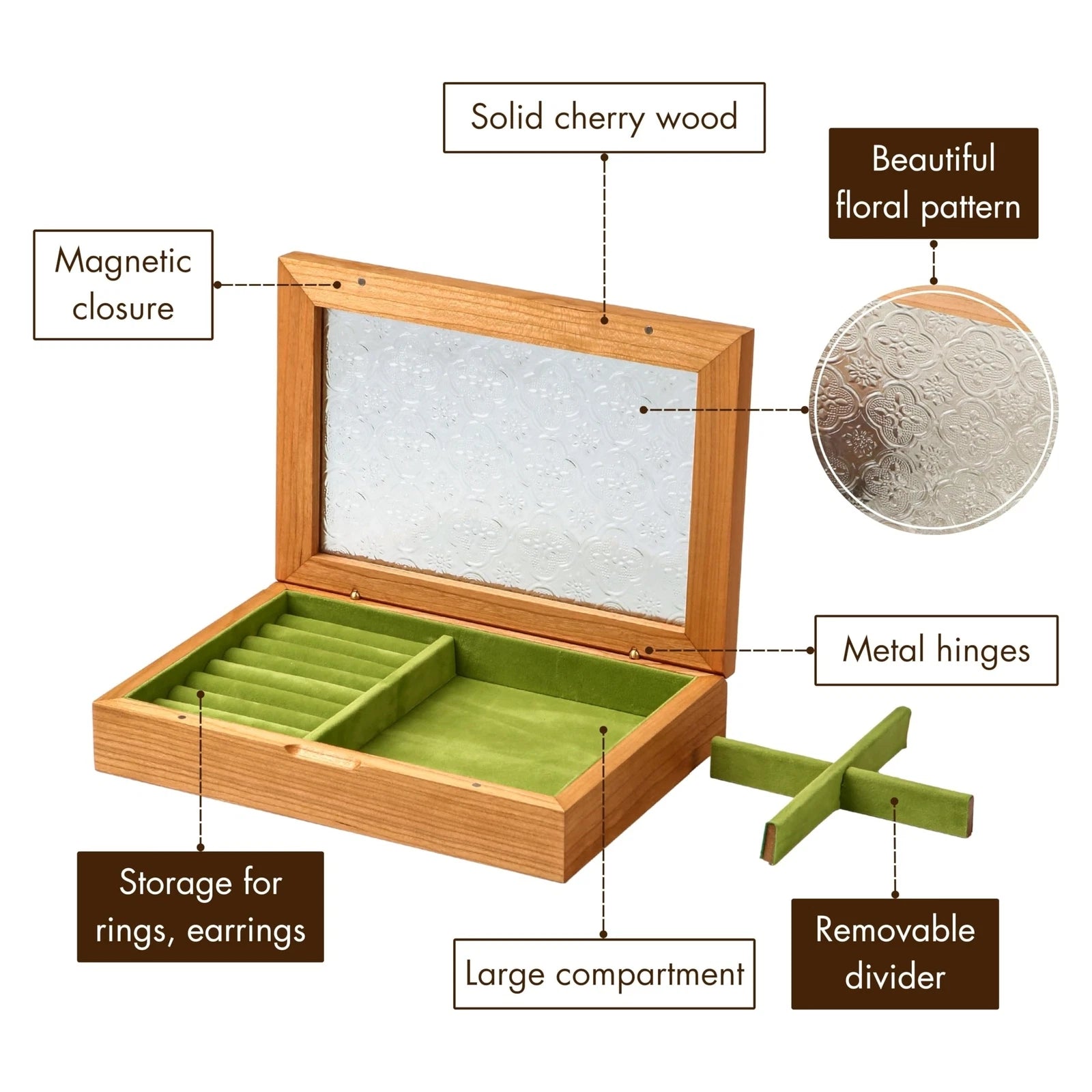 Wooden Jewelry Box for Women, Medium Size Natural Solid Cherry Wood Girls Vin... | eBay