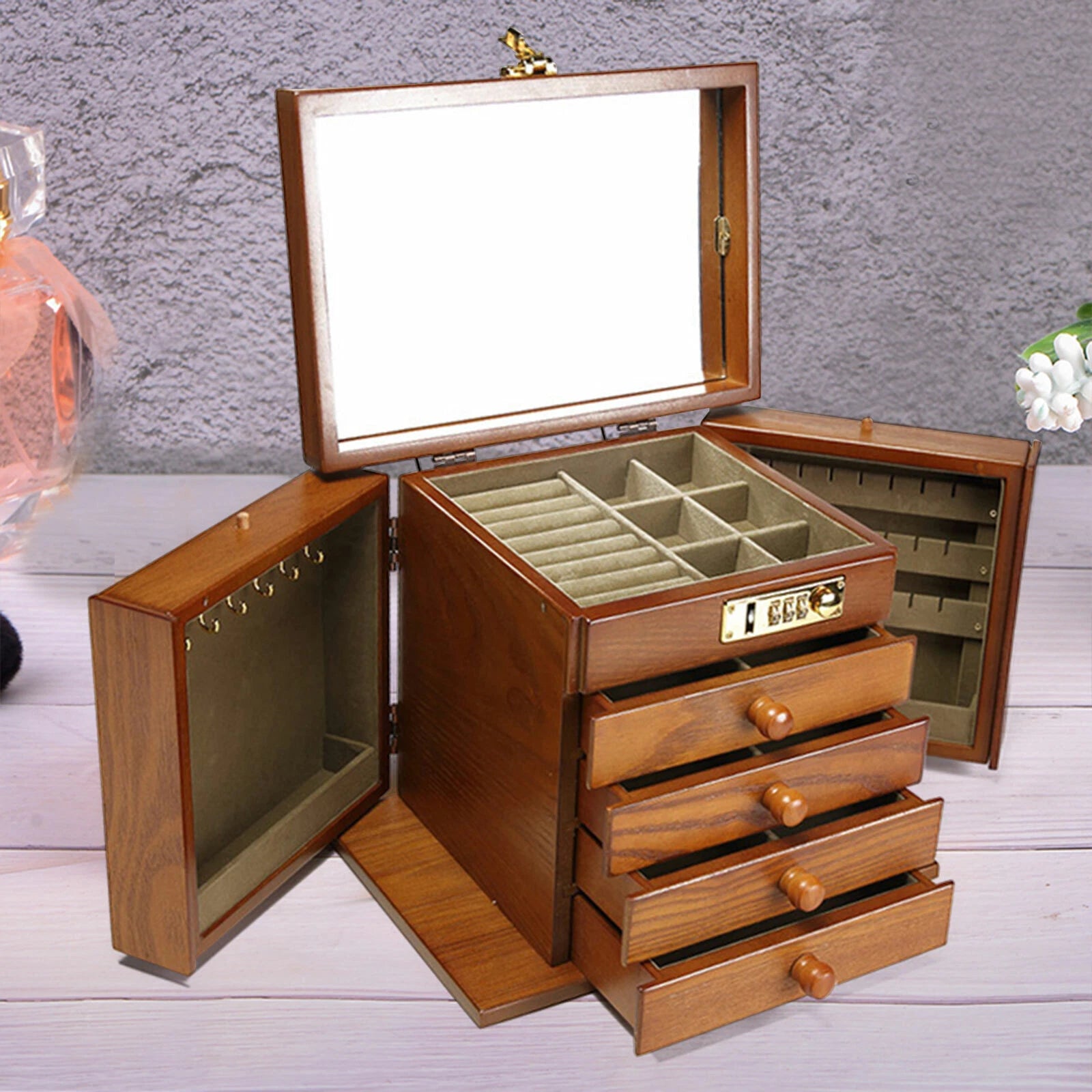 Jewelry cabinet Wooden Jewelry Case with mirror Utility Storage Box Armoire 5" | eBay