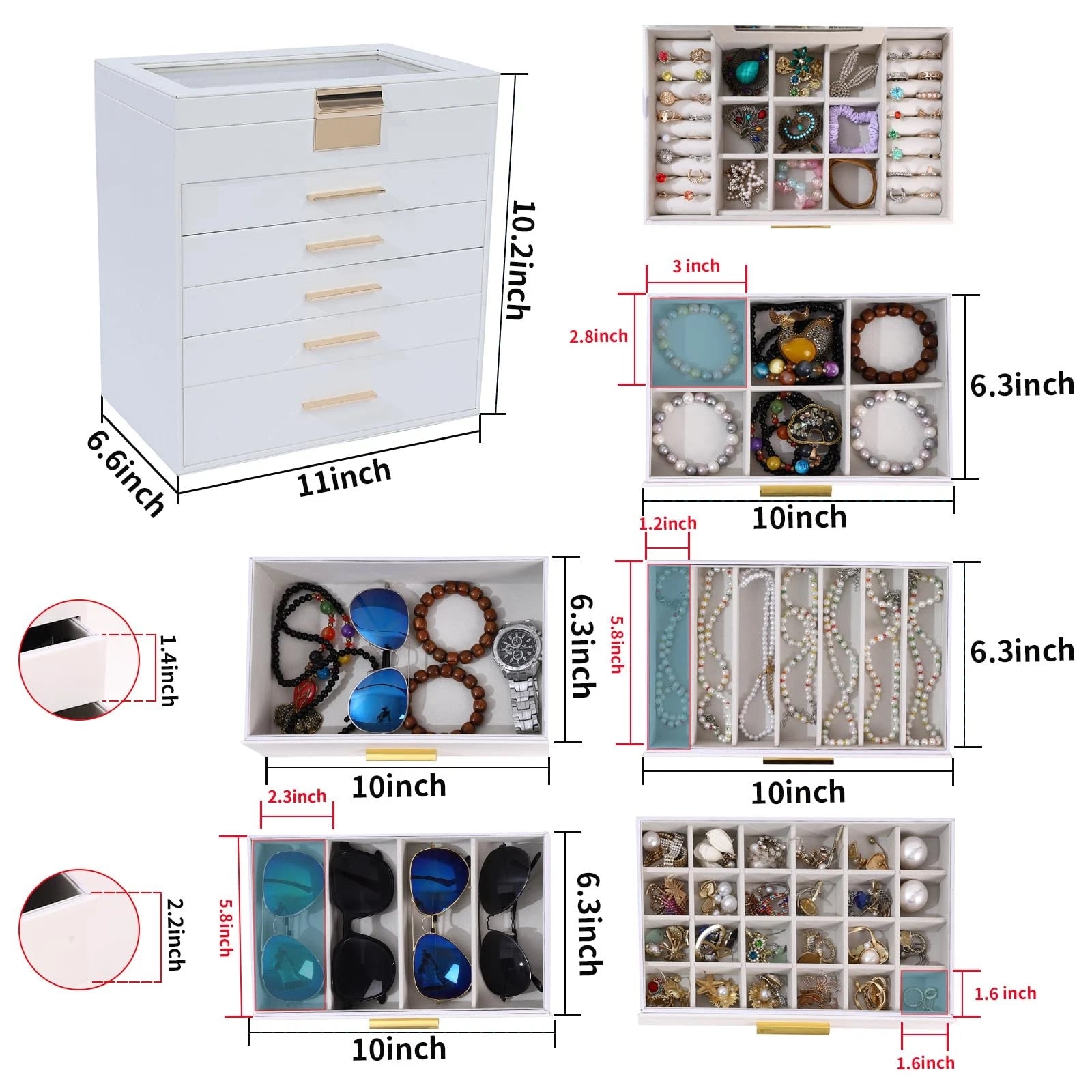 Jewelry Box for Women, Black 6 Layer Large Jewelry Organizer with Glass Lid f... | eBay