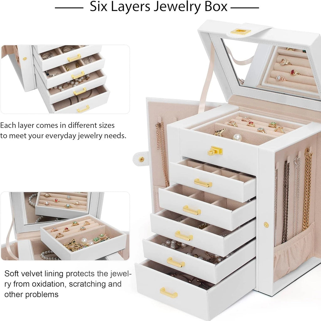 White Faux Leather 6-Layer Jewelry Storage Case with Large Mirror & Drawers | eBay