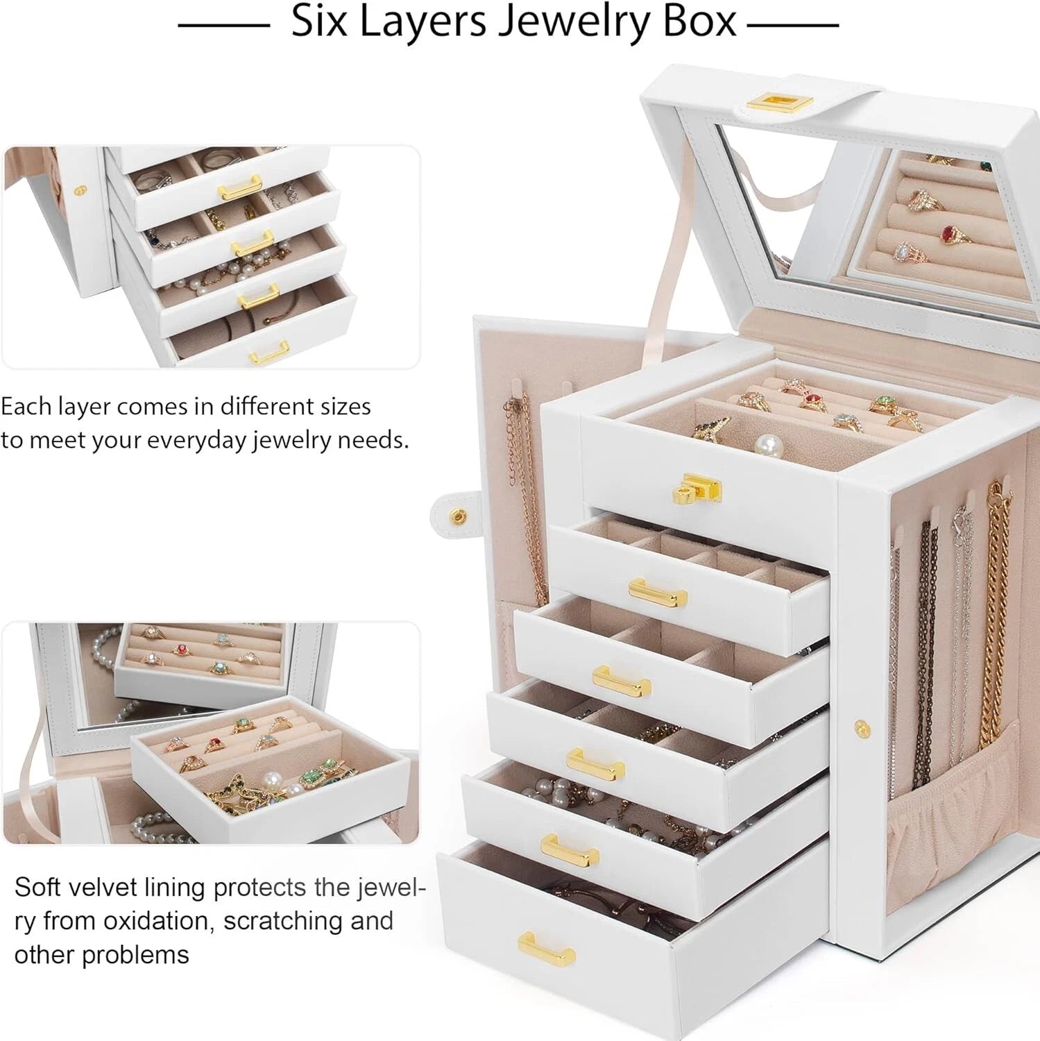 White Faux Leather 6-Layer Jewelry Storage Case with Large Mirror & Drawers | eBay