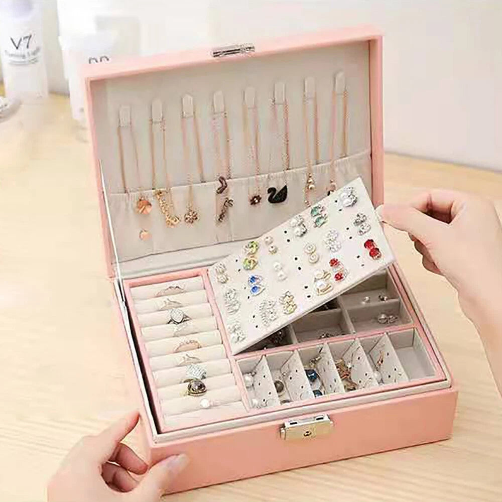 Double Layer Jewelry Box - PU Leather Organizer for Necklaces & Rings | eBay